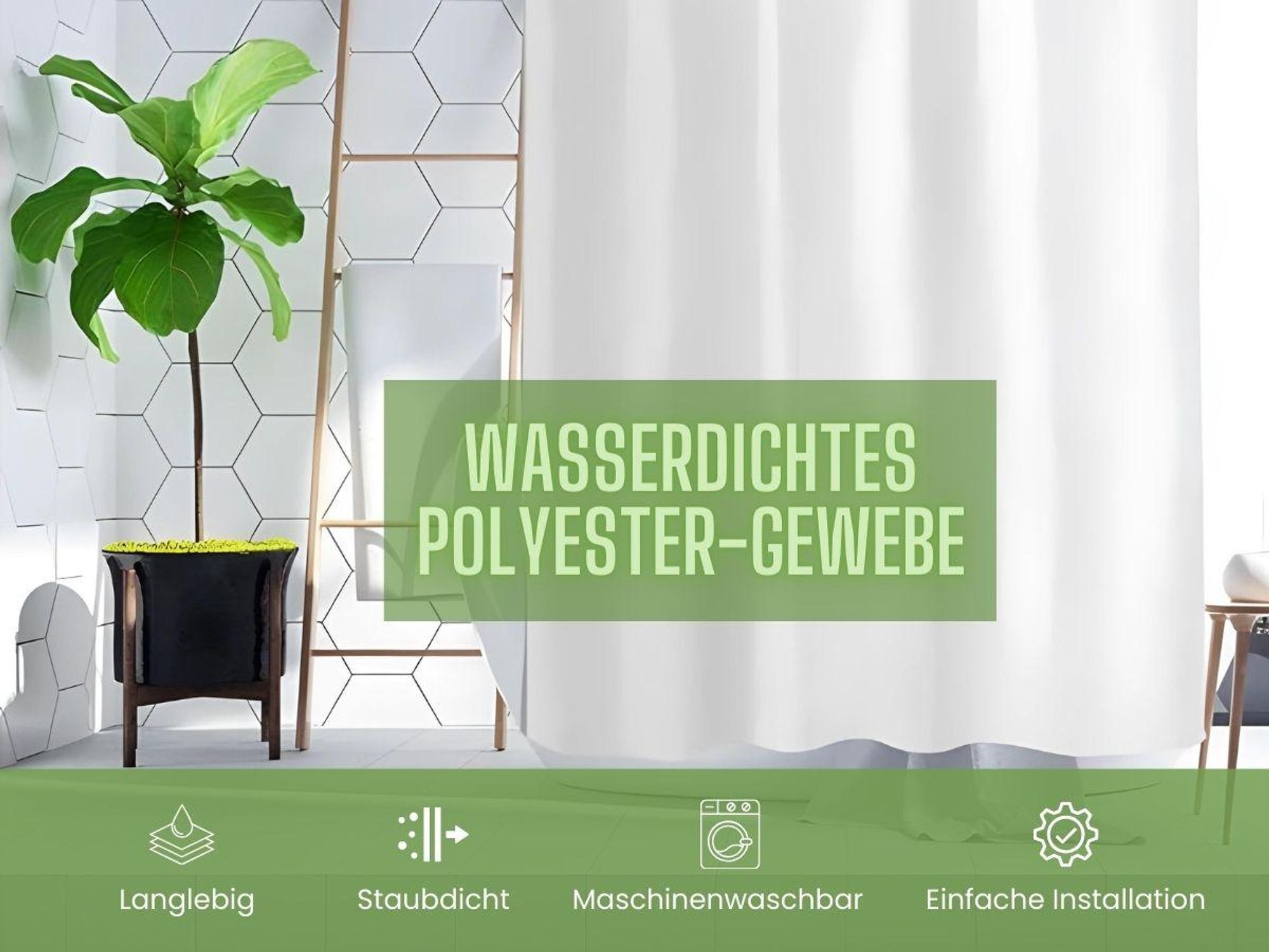 Duschvorhang Stoff Weiß 240x250 cm, antibakteriell, schnelltrocknend, inkl. rostfreier Ringe