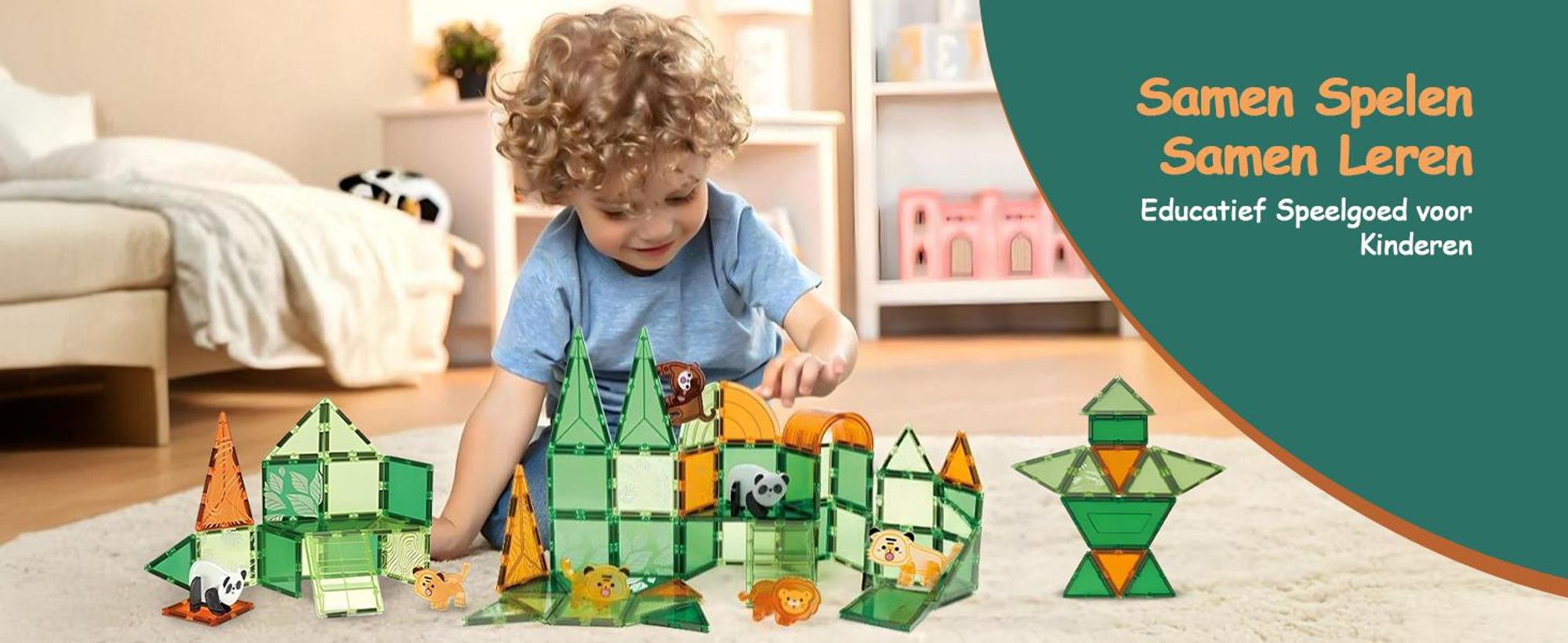 Olvy Magnetische bouwstenen, 110 stuks, Montessori speelgoed, magnetische tegels voor kinderen - magnetische bouwstenen - magnetisch constructiespeelgoed, jungle thema, Magna