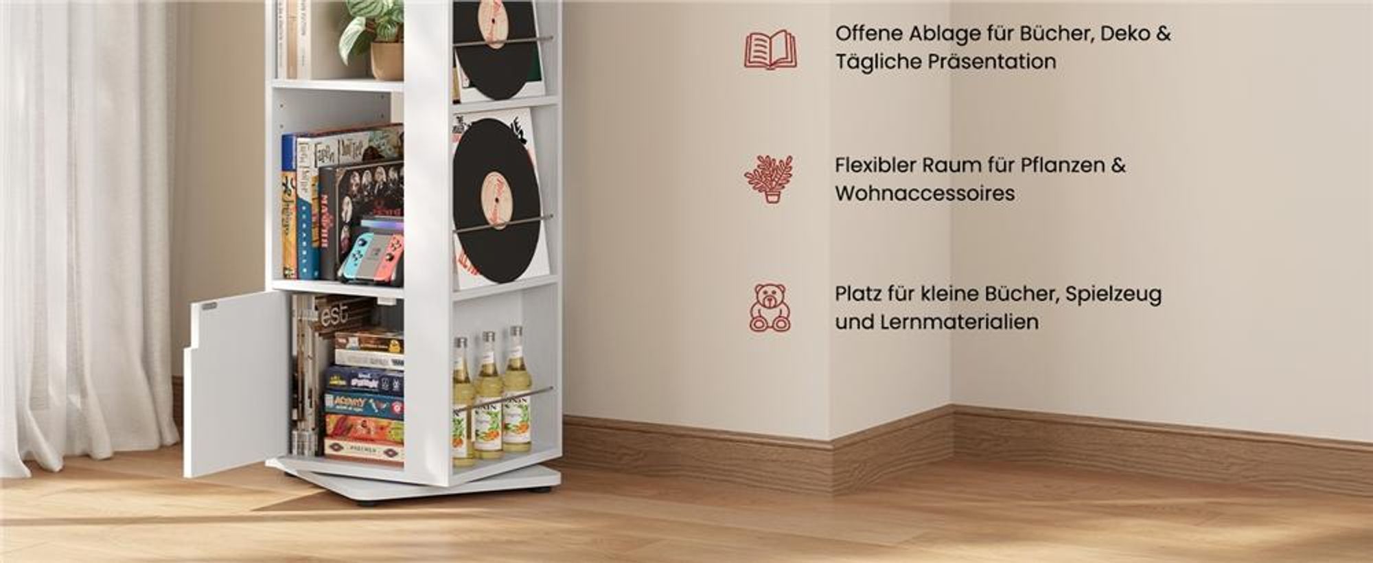 Yaheetech 360° drehbares Bücherregal, mit 5 Ebenen und 20 Fächern, Standregal 42×42×169 cm, Drehregal Dekoregal mit verstellbaren Einlegeböden, Weiß