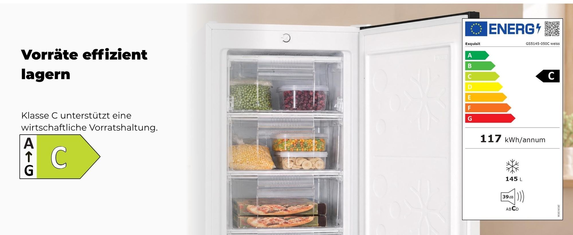 Exquisit Gefrierschrank, 145 Liter, Standgerät, 4-Sterne-Gefrieren, -18 °C, Gefrierschubladen, leise, GS5145-050C weiss