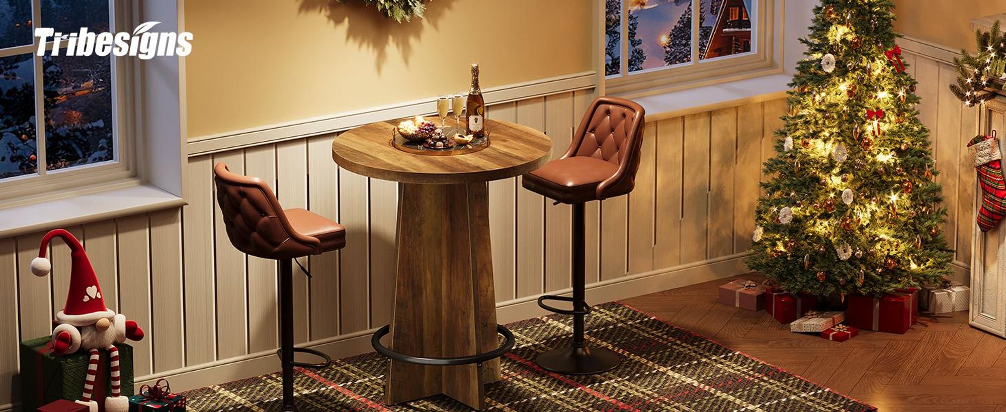 Tribesigns Runder Bartisch, 95 cm hoher Bistro-Stehtisch aus Holz mit Untergestell und Metallring-Fußstütze für Cafés, Zuhause, braun (nur Tisch)