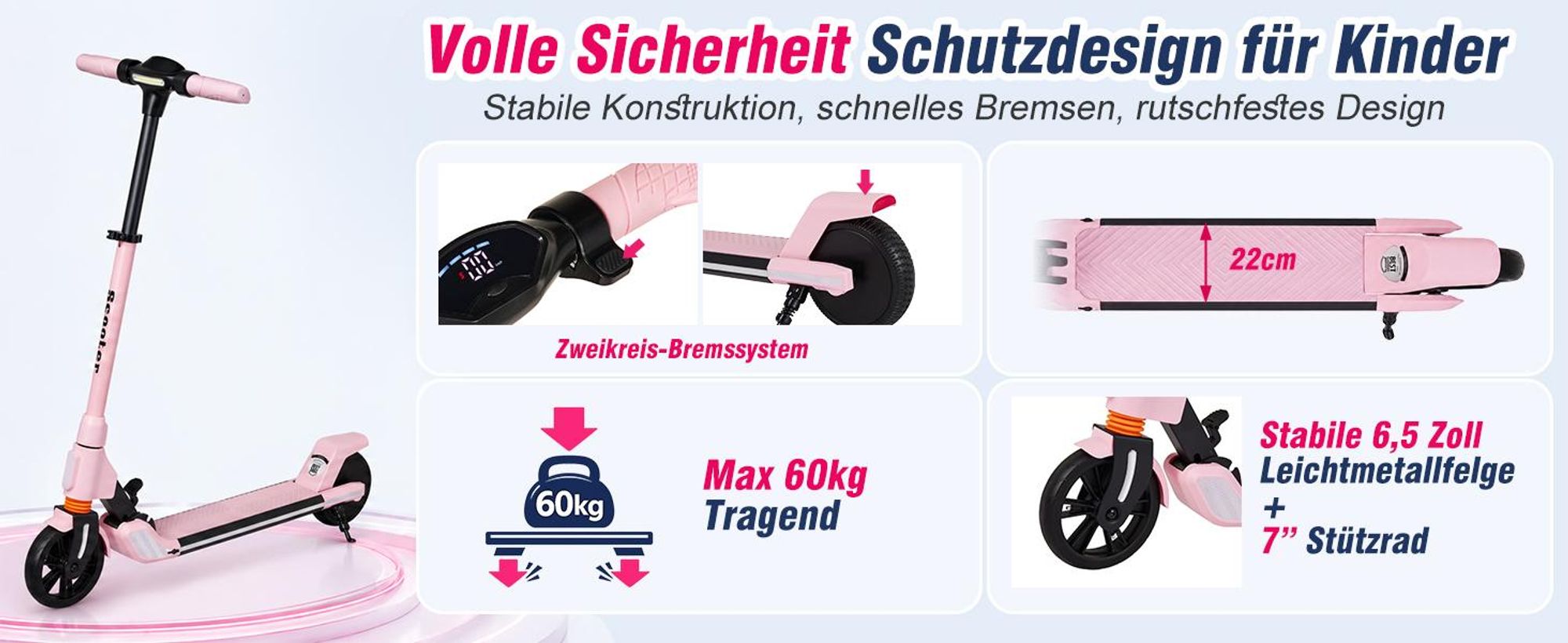 Elektroroller Für Kinder Und Jugendliche Mit 200W Motor, 10-20km Reichweite, Höhenverstellbar, LED-Beleuchtung, Faltbar E-Scooter, Elektroscooter Rosa