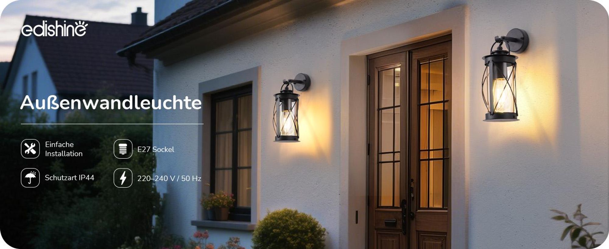 EDISHINE Wandleuchte Außen/Innen, Wandlampe mit Aluminiumrahmen und E27-Fassung, IP44 wasserdicht, Schwarz