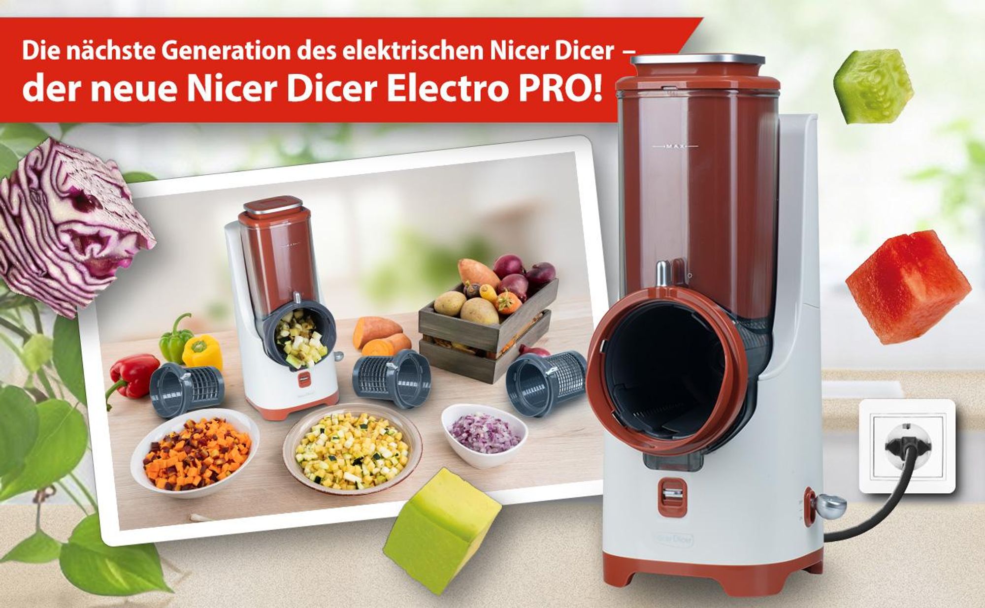 Genius Nicer Dicer Electro PRO Set 32-tlg., terracotta, Gemüseschneider elektrisch mit 9 Einsätzen, zum Reiben, Hobeln, Würfeln & Schneiden