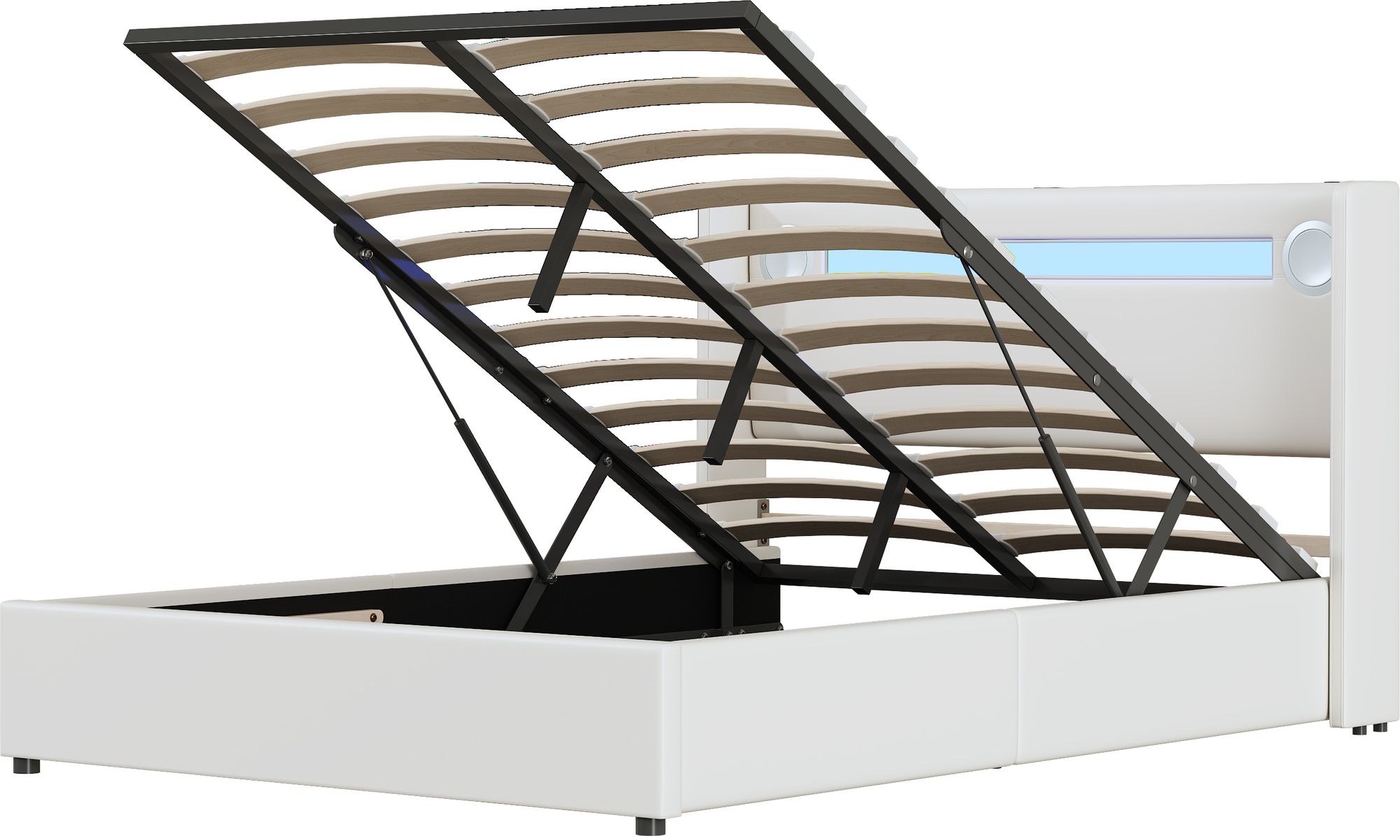 Flieks Polsterbett 140x200cm mit USB und Bluetooth-Player, Boxspringbett Doppelbett mit LED und Lattenrost, Stauraumbett Jugendbett, PU, Weiß