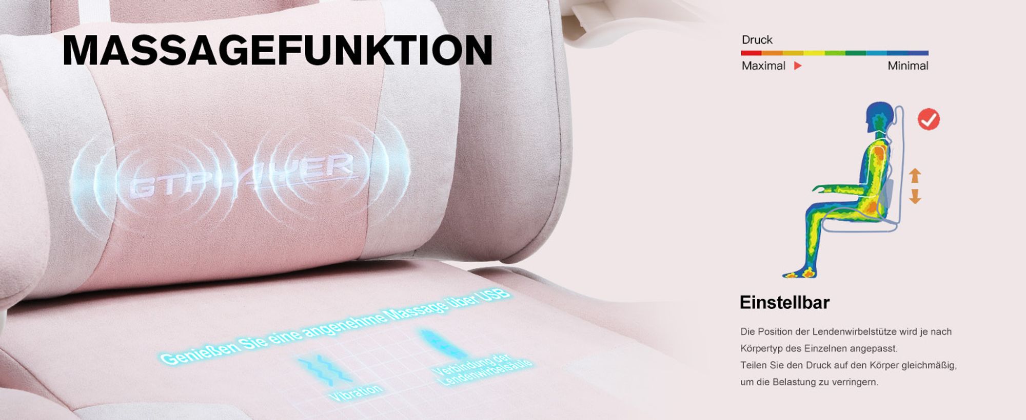 GTPLAYER Bürostuhl Gaming Stuhl Stoff Gaming Sessel Ergonomischer Gamer Stuhl mit Fußstütze, Kopfstütze Lendenkissen, Gepolstert Gaming Chair, rosa