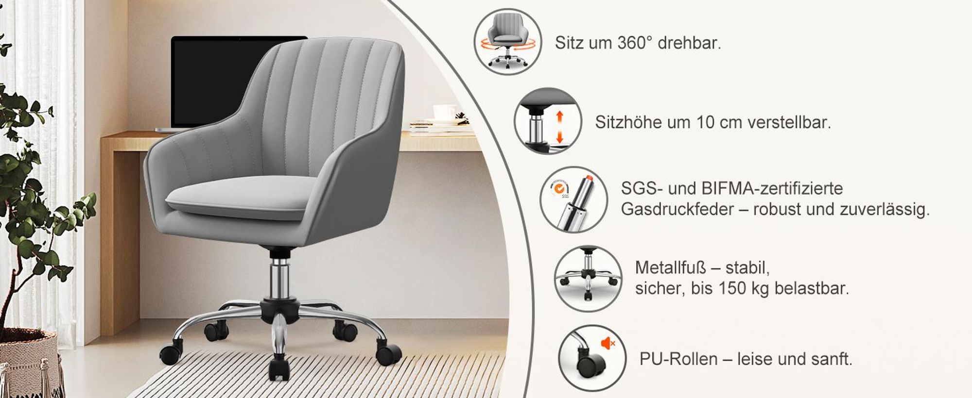 Portreen Bürostuhl, Drehstuhl,Homeoffice Stuhl,Schreibtischstuhl, bürostuhl ergonomisch, Chefsessel 150kg,Drehstuhl mit Rollen,Stuhl für Schminktisch