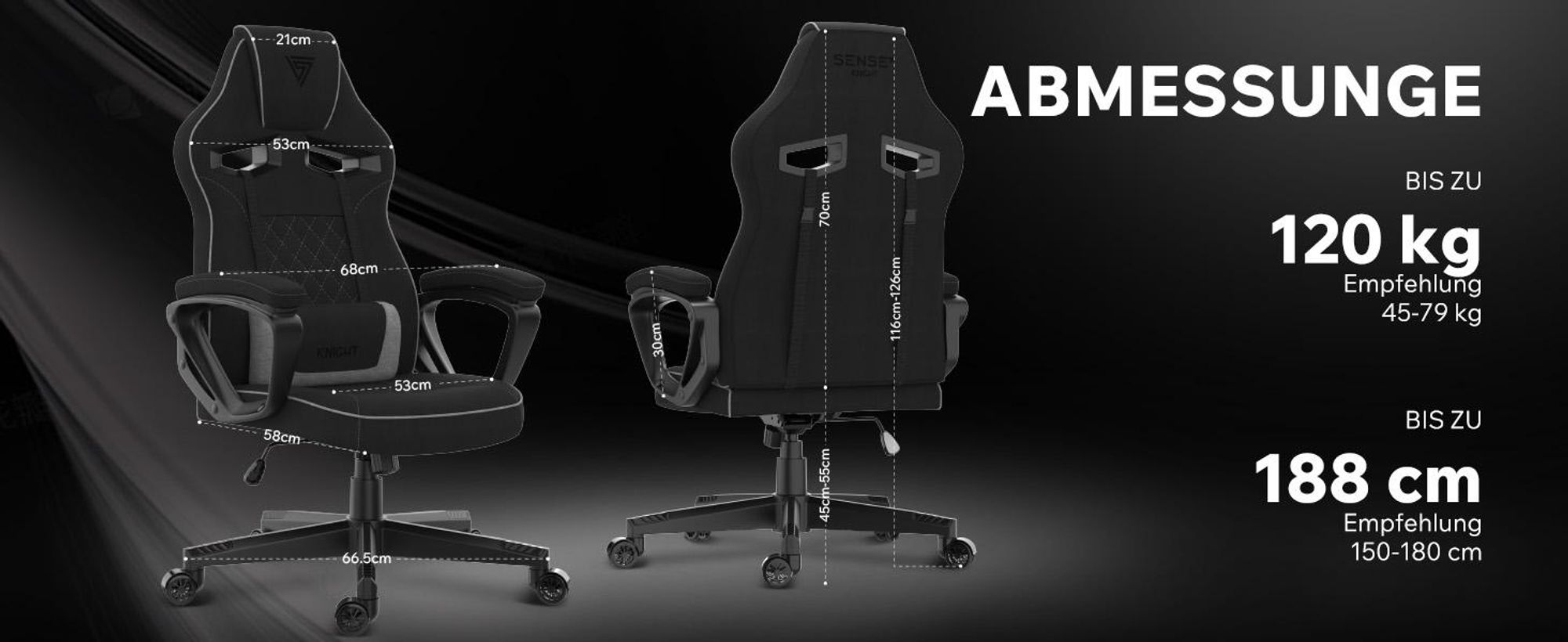SENSE7 Knight Gaming Stuhl aus Stoff Schwarz-Grau - Ergonomischer Bürostuhl Schreibtischstuhl Stoff Computerstuhl Gamer Racing Stuhl 120 kg stuhl