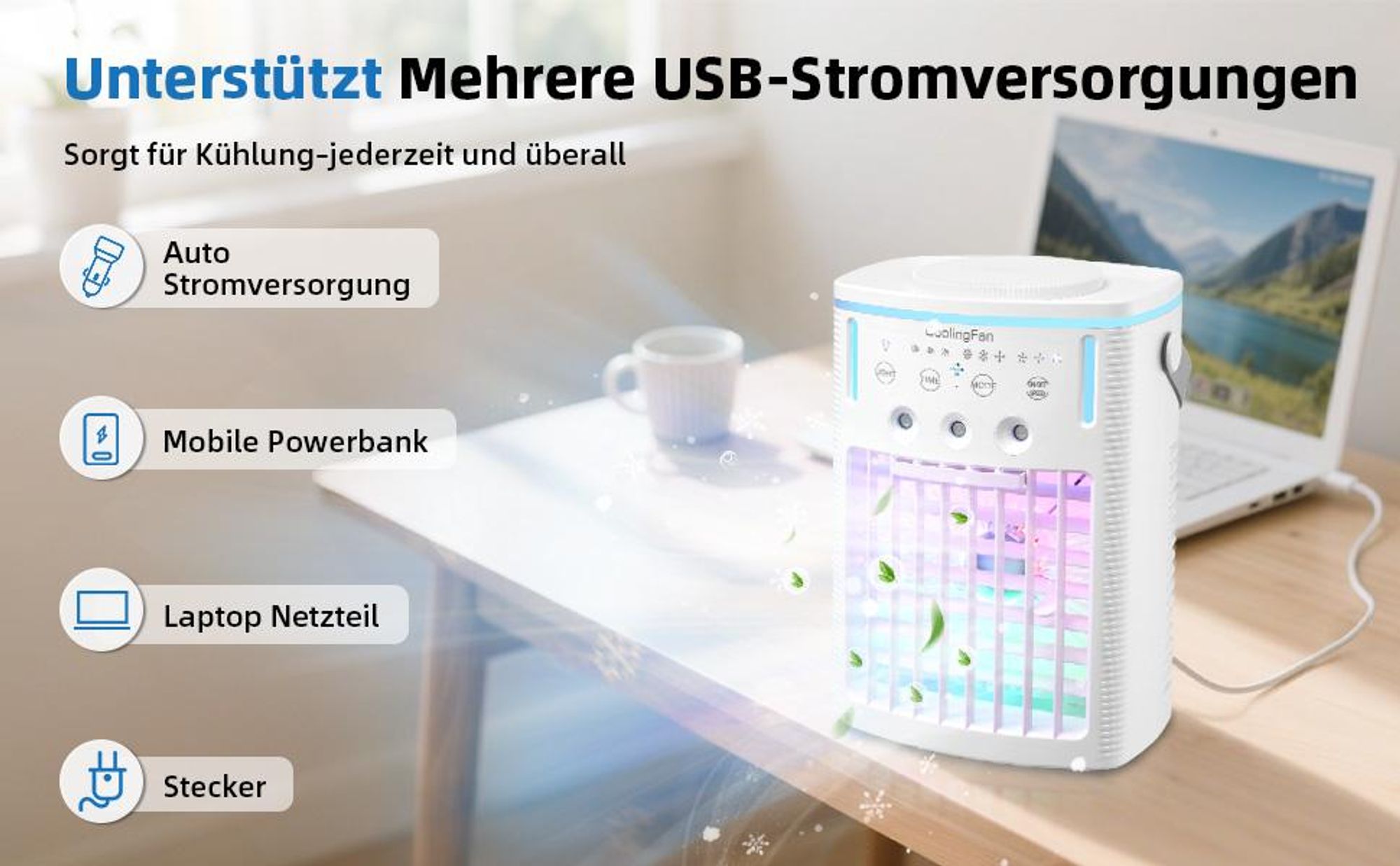 Standventilatoren, Luftkühler mit Wasserkühlung, Ventilator, Nebelventilator mit 1000ml Wassetank, 3Einstellstufen, 7 Farben Nachtlicht