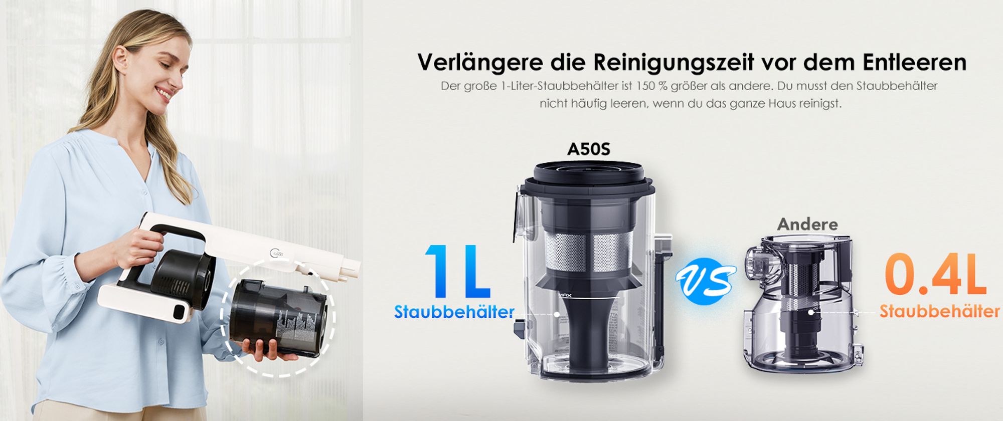Tineco PURE ONE A50S Plus Akku Staubsauger, Flex Kabelloser Handstaubsauger 70 Min., 3DSense Power Bürste, PureCyclone Technol. 1L Staubbehälter