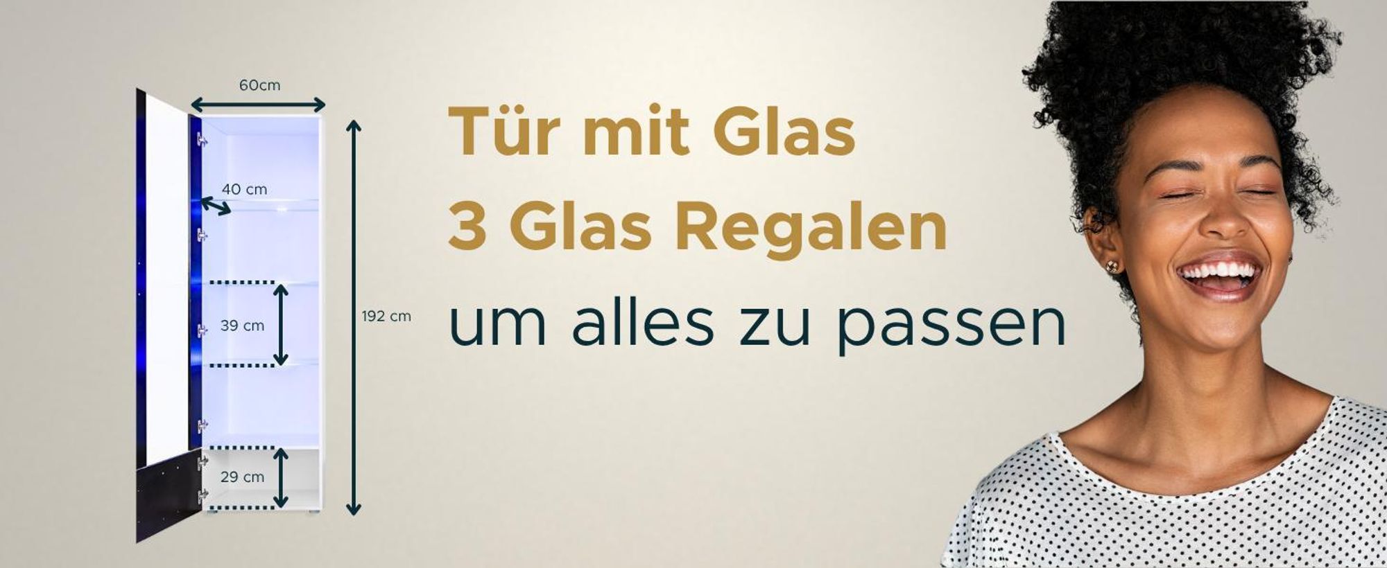 Komodee, Vitrine Schrank Alessandria, Weiß/Weiß, Breite 60cm x Höhe 192cm x Tiefe 42cm, 3 Glasböden, 1 Regal aus laminierter Platte, für Wohnzimmer, Schlafzimmer, LED Blau