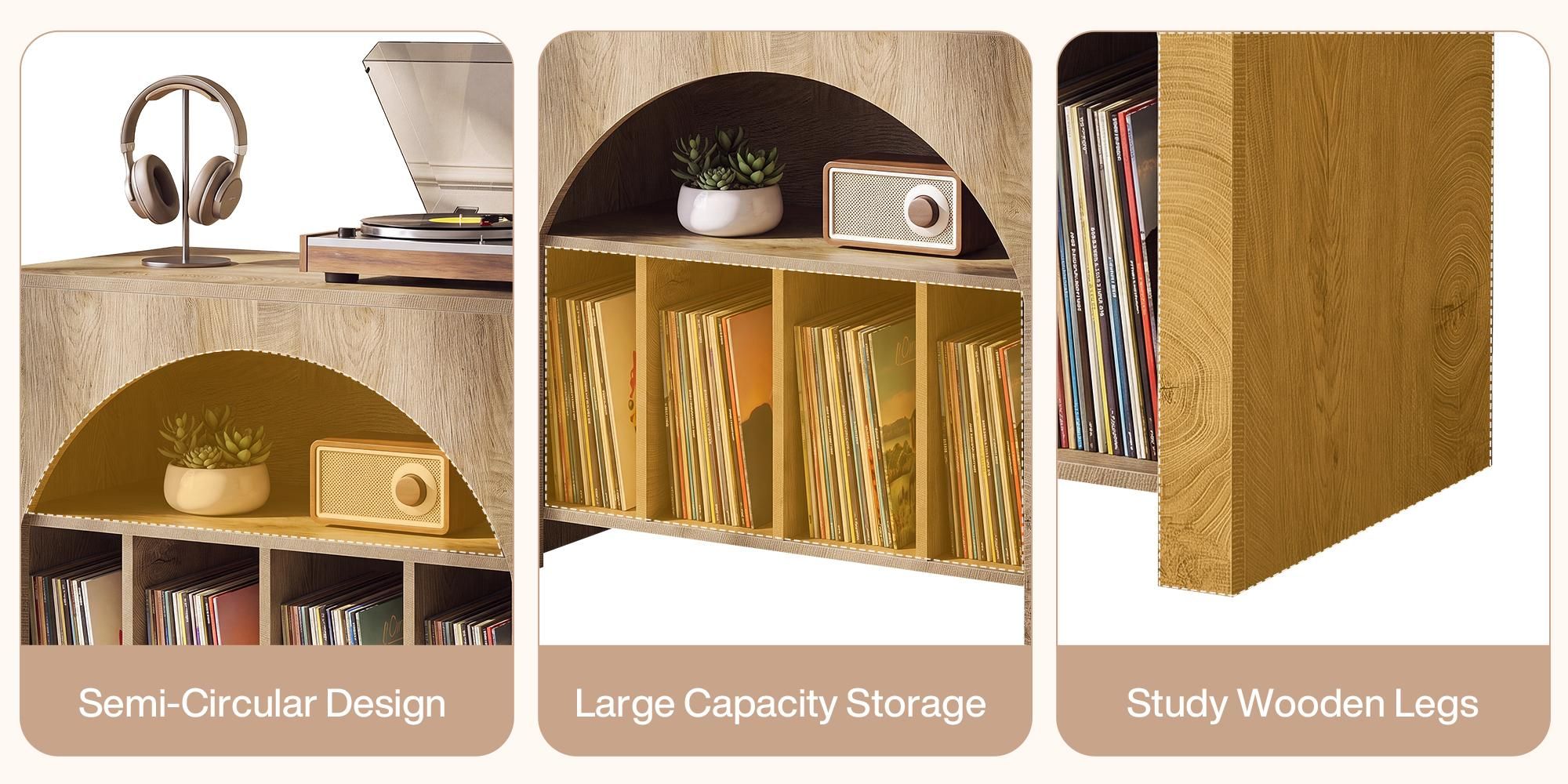 Beistelltisch, 80 cm Nachttisch für Schallplatten, 2-stöckiger  Plattenspielerständer für 370 Schallplatten, Vinyl-Schrank in halbkreisförmigem Design