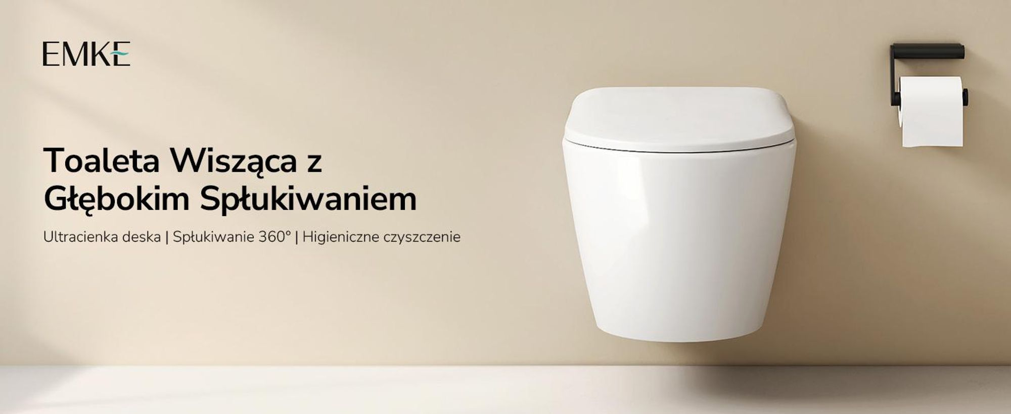 EMKE Miska WC wisząca bezrantowa ceramiczna, podwójne spłukiwanie przeciwbieżne, oszczędność wody, deska Soft-Close, Biały połysk