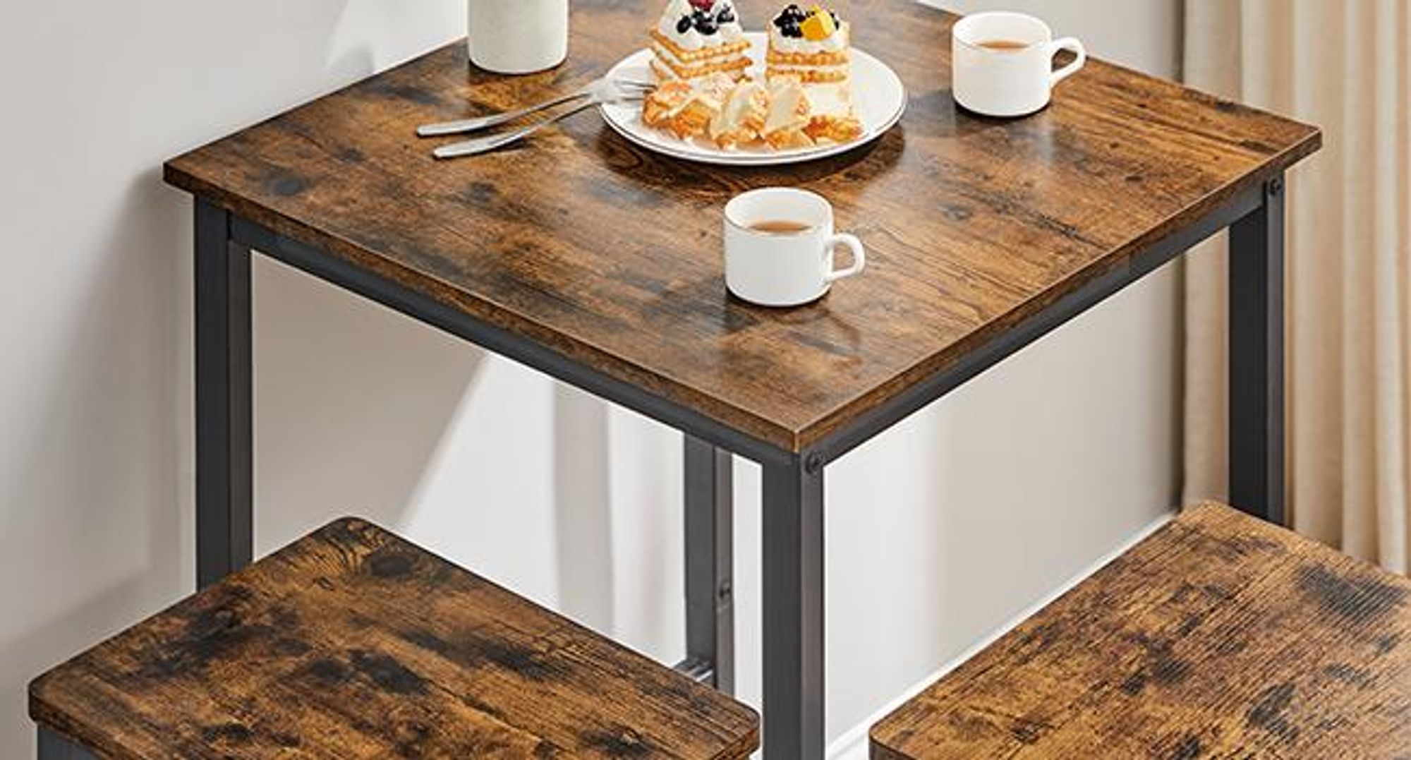 VASAGLE Bartisch-Set mit 2 Barhockern, stehtische, bistrotische, 60 x 60 x 90 cm, Vintagebraun
