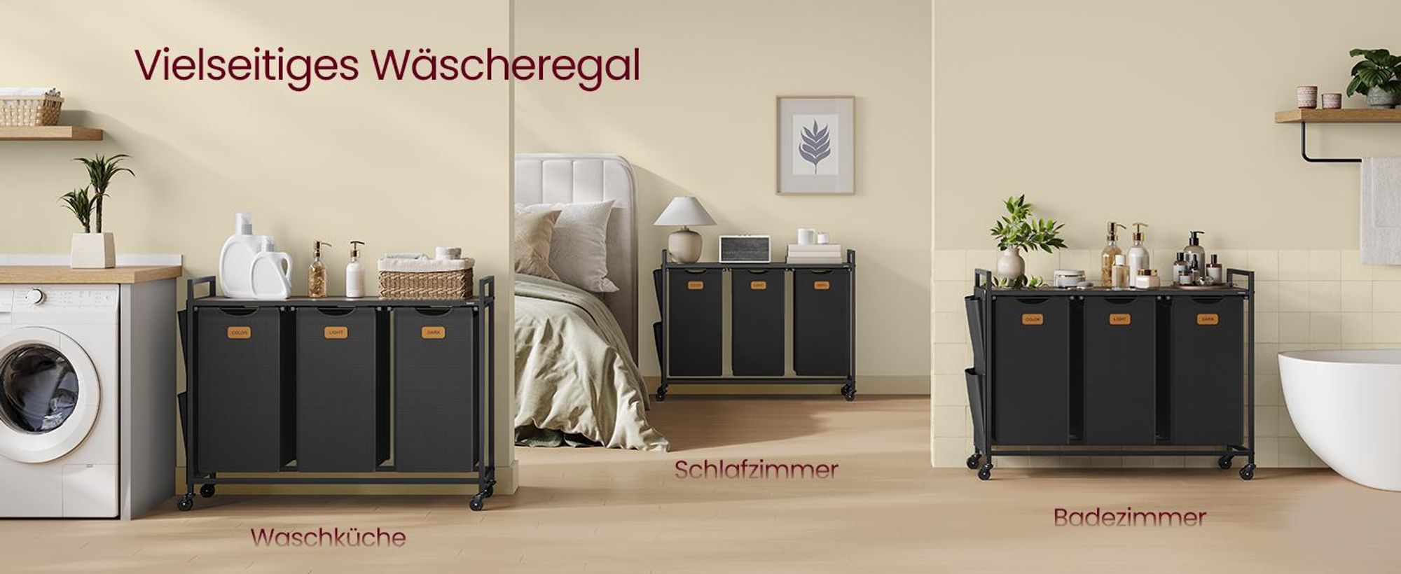 VASAGLE Wäschekorb, Wäschesammler, Wäschesortierer, Rollen, Wäschewagen mit Ablage, kleine seitliche Taschen, 6 Etiketten, 2 Fächer, 100 L