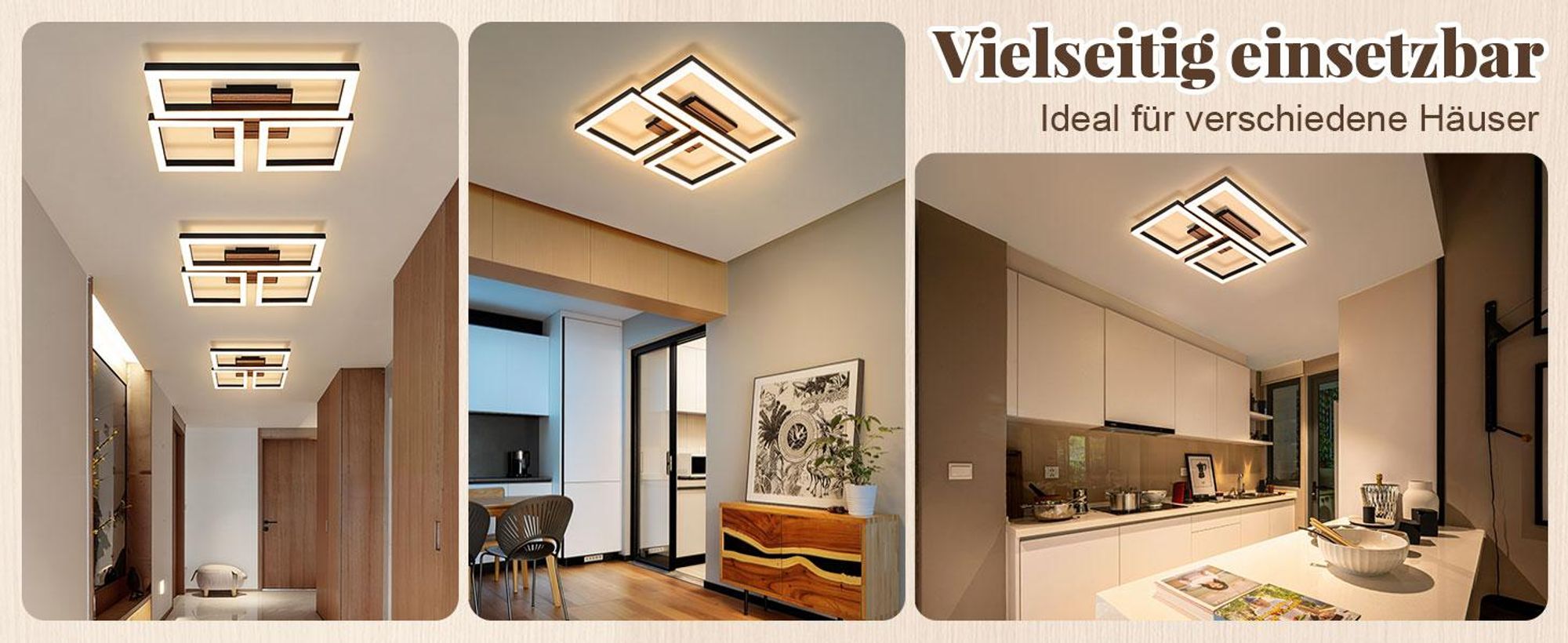 ZMH Plafondlamp LED, retro design, 21W, geschikt voor keuken, als keuklamp, zwart, slaapkamerlamp, halverlichting, 3000K warmwit, rechthoekig, hout, woonkamerlamp