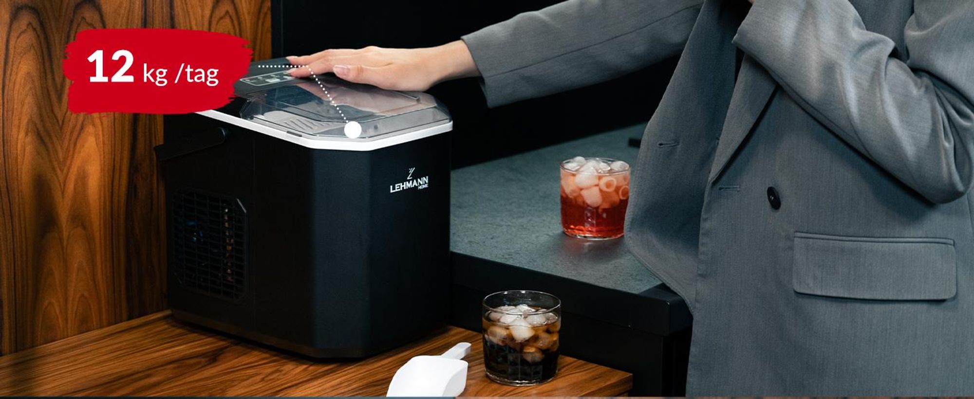 LEHMANN Machine à Glaçons - 9 Glacons en 6-8 Minutes, 2 Tailles de Glacons, 12kg en 24h