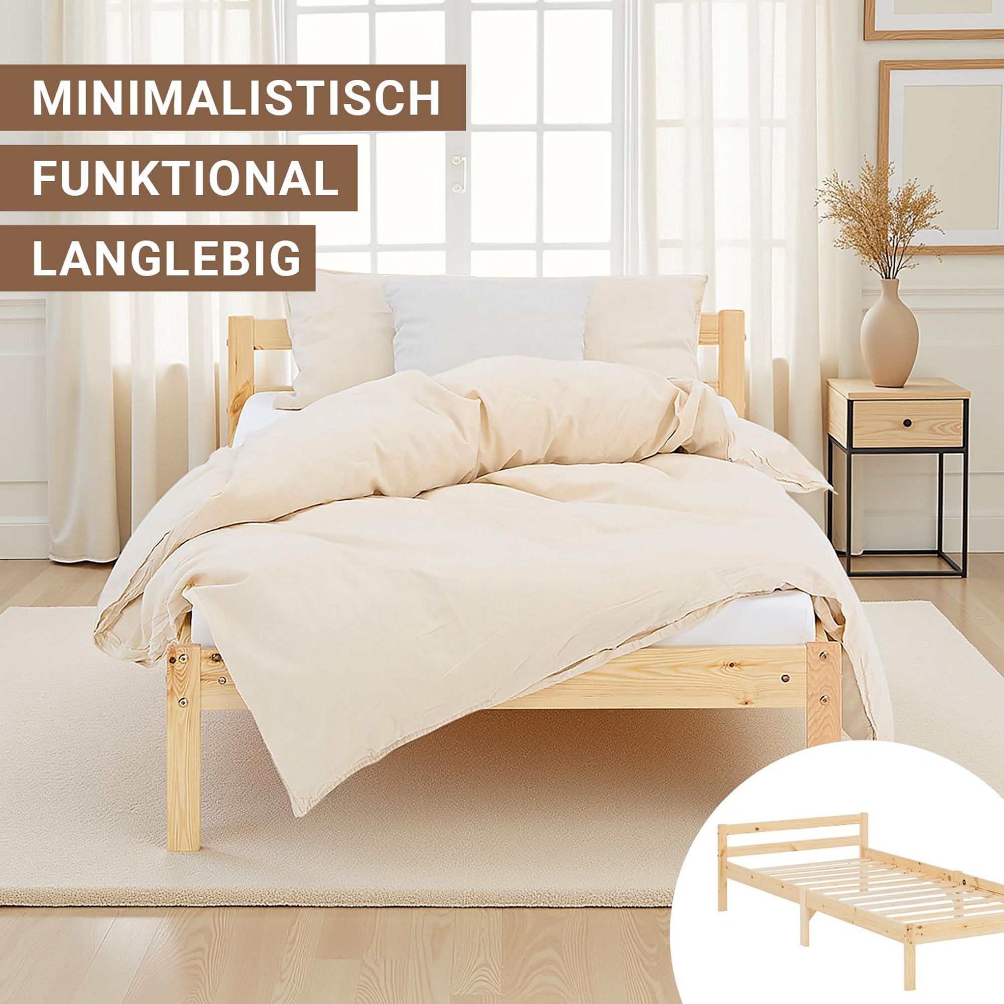 Das Einzelbett in naturfarben ist minimalistisch, funktional und langlebig.