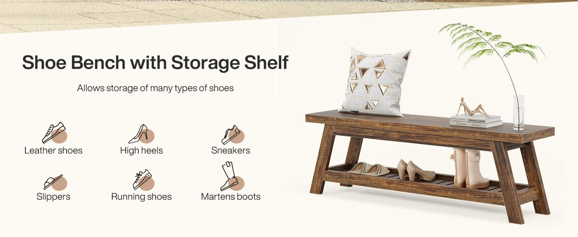 Banc de 140 cm avec espace de rangement pour chaussures, grande banquette en bois, banc étroit à deux niveaux, de style rustique, idéal pour un couloir, une cuisine ou une entrée