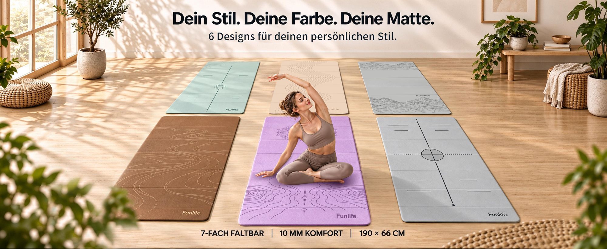 Funlife Falt-Yogamatte in 6 Designs – 190 × 66 cm, 10 mm Komfort, 7-fach faltbar