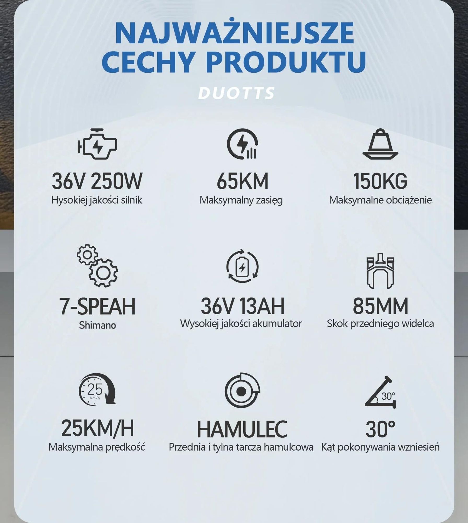 Rower Elektryczny Duotts C29 Lite - Silnik 250W Akumulator 36V13AH Opony 27.5" Hamulec Tarczowy - Niebiesko Czarny