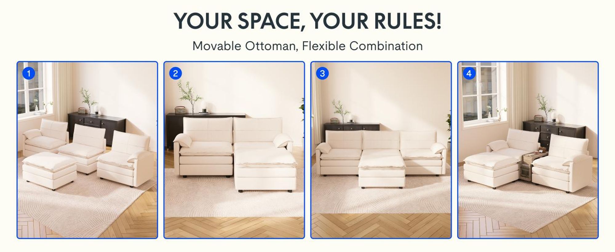 FLEXISPOT 4-Sitzer Sofa Sofabed L-förmiges Ecksofa mit Hocker, Stauraum, Modulares Sofa platzsparend für Wohnzimmer Weiß