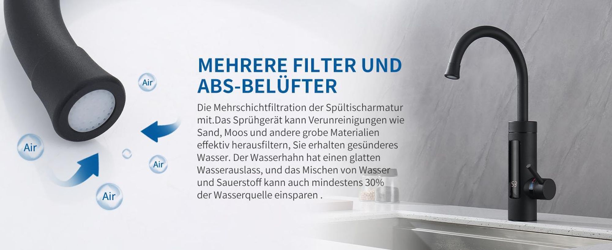 Homelody Elektrische Küchenarmatur mit Durchlauferhitzer, Smart Heater Wasserhahn 360° drehbar, Schwarz Wasserhahn Küche mit LED Temperaturanzeige