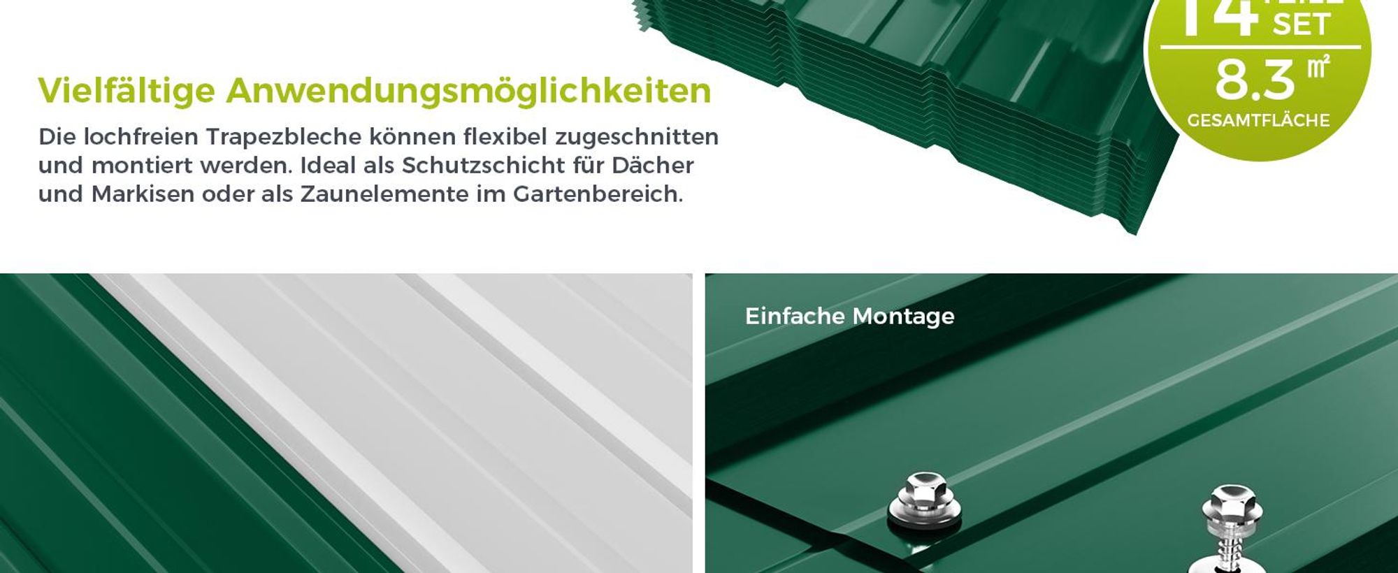Mondeer Wellplatte Dachplatten 14-tlg Trapezblech-Set, 8,3 m² Abdeckfläche inkl. 100 Schrauben & Montagehandschuh, Feuerverzinkt 105 x 57 cm Grün