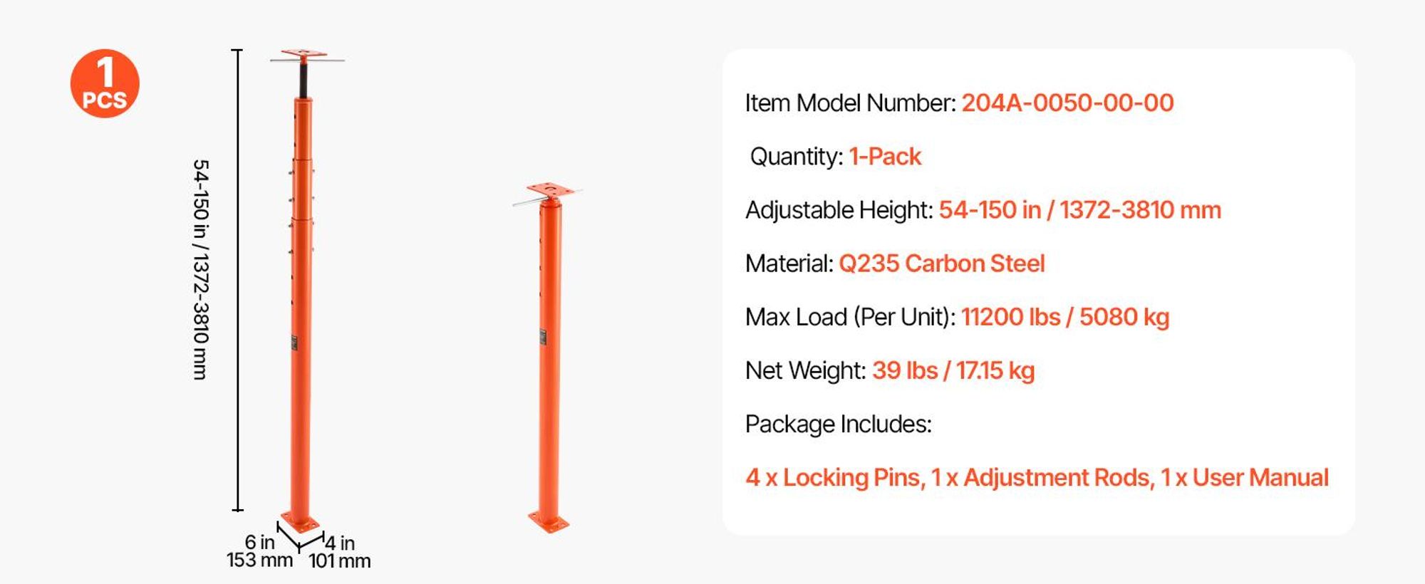 VEVOR Hausbodenheber, 53"-93" Höhenbereich, 18000 lbs maximale Tragfähigkeit, verstellbarer Stützträger Kellerheber Pfosten für Nivellierung, Hebestütze Stahl teleskopierbarer Hebepfosten für temporäre Unterstützung, 54-150 Zoll&11200 lbs