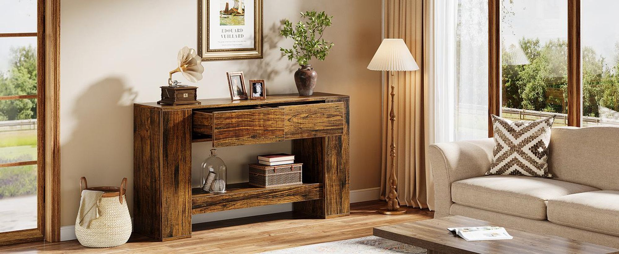 Consolle Tribesigns con 2 cassetti, 140 cm, tavolino da divano in legno dietro il divano, consolle da ingresso a 2 livelli per ingresso, corridoio, soggiorno, disimpegno