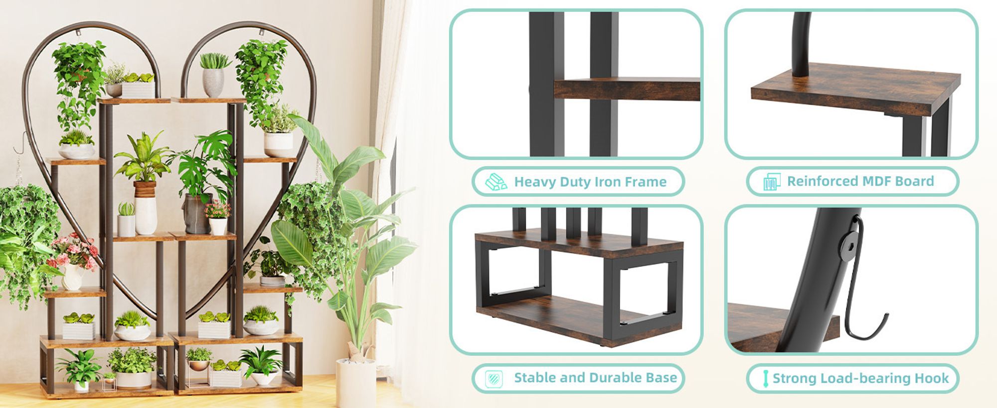 WISFOR Blumenständer, 2 Stück Pflanzenregal mit 6 Ebenen/4 Haken, 136.5cm Hoch Pflanzenständer Blumenregal für Indoor Balkon Blumentreppe Wohnzimmer