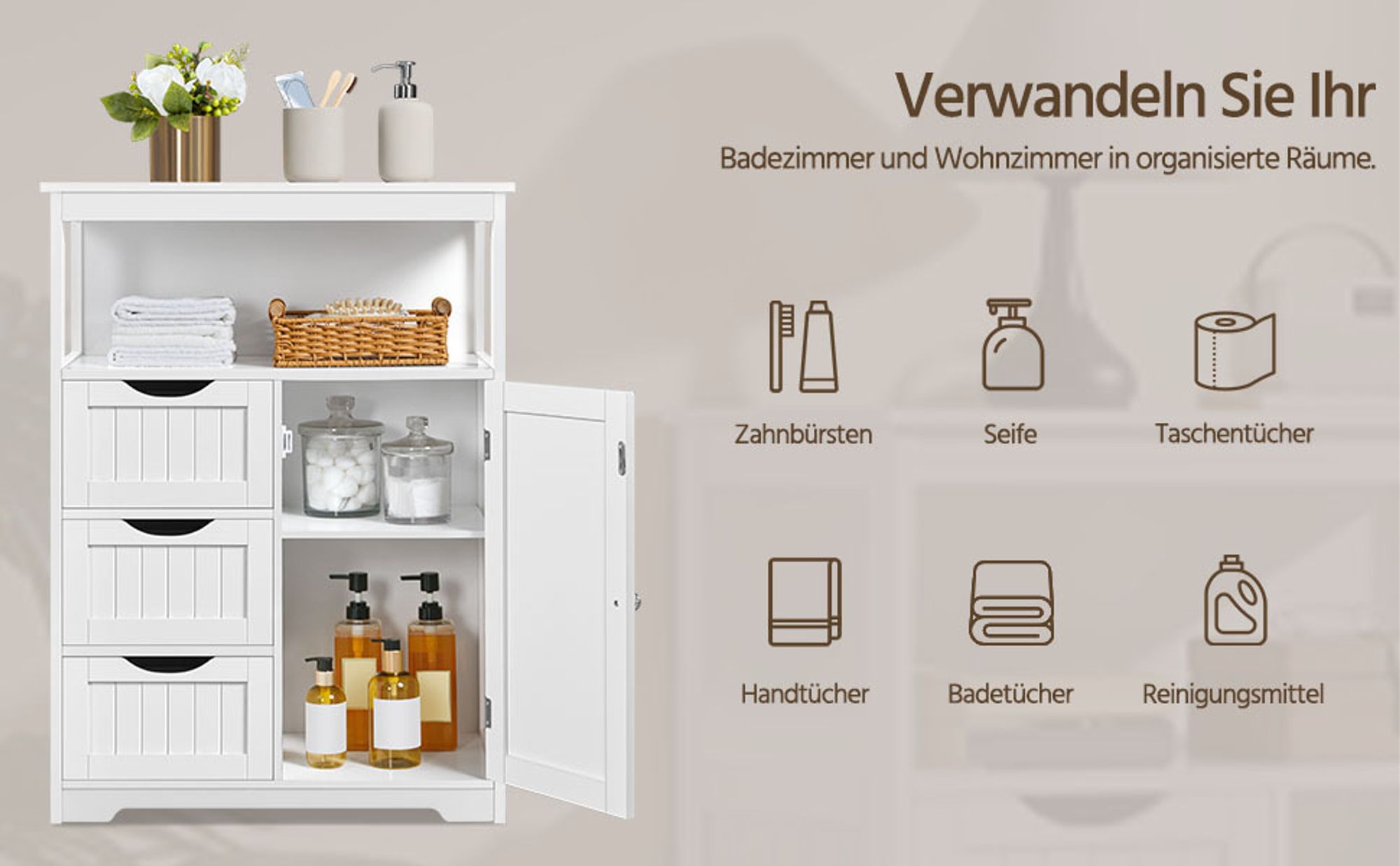 Yaheetech Badezimmerschrank Beistellschrank aus Holz mit 3 Schubladen & verstellbarer Ablagefläche, 90cm H, Weiß
