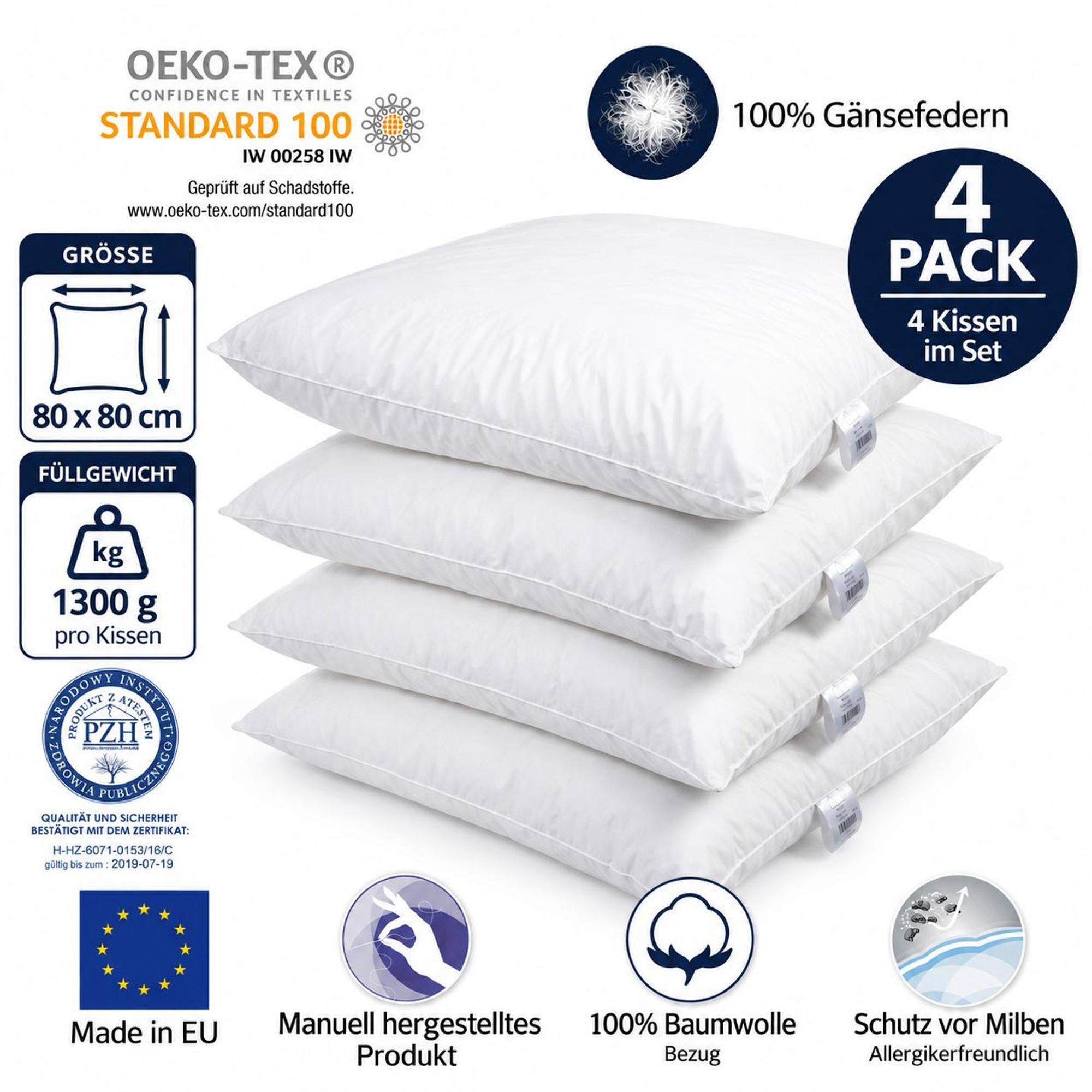 4er Set Federkissen 80x80 cm 1300 Gramm – Kopfkissen mit 100% Gänsefedern – Baumwollbezug 185 g/m² – Ganzjahreskissen