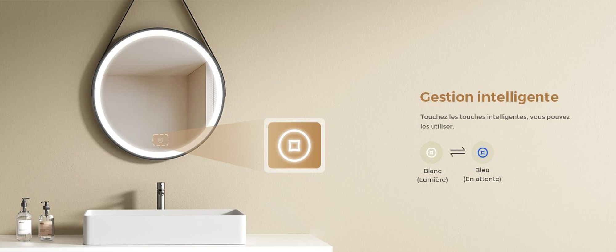S'AFIELINA miroir de salle de bain 60cm avec éclairage rond miroir de salle de bain LED tactile et lumière blanche froide cadre noir ceinture en cuir réglable