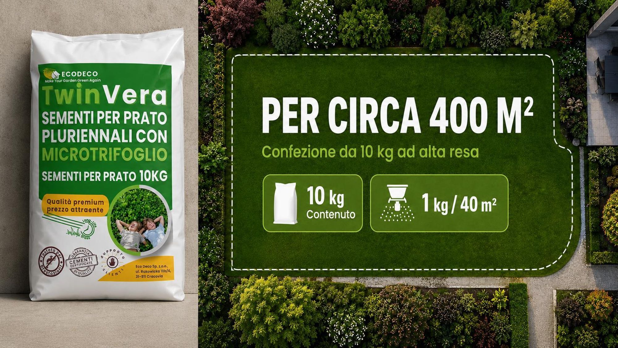 EcoDeco semi prato resistenti, sementi per prato con microtrifoglio, miscela universale da 10 kg per 400 m2