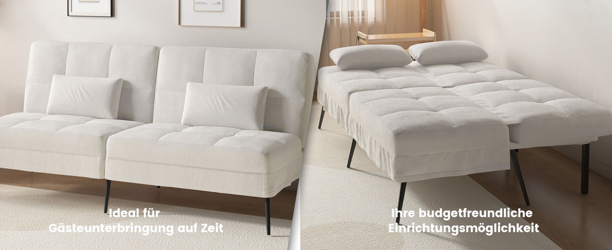 COMHOMA Sofa Schlafsofa mit Schlaffunktion, Klappsofa, Bettcouch, ecksofa, Couch Gästebett, 3-Sitzer Sofa, mit verstellbare Rückenlehne aus Kordstoff
