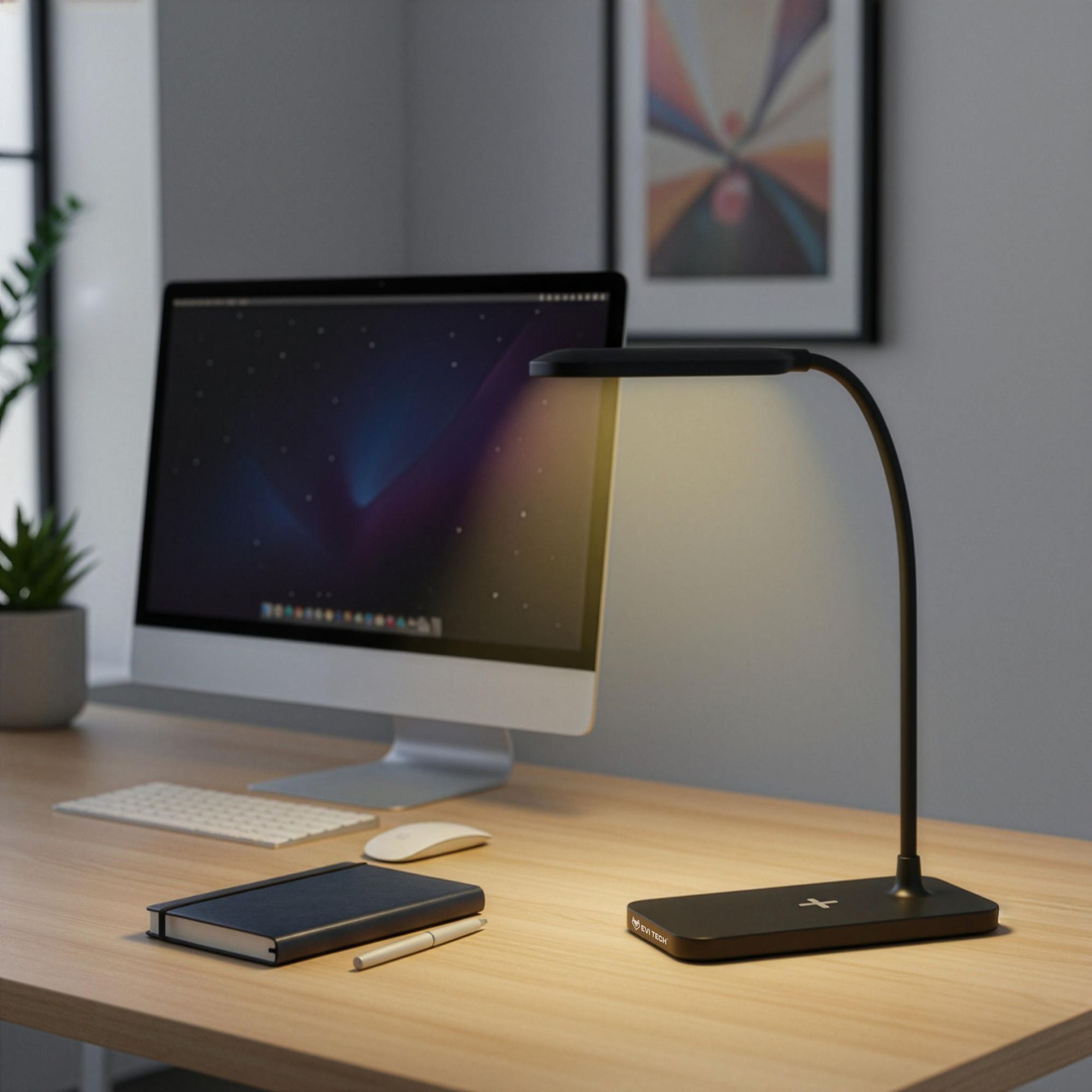 LED Schreibtischlampe Schwarz mit 15W Induktionsladegerät, Touch-Steuerung & 3 Lichtmodi, Nachttischlampe für Kinder & Büro, EVI TECH Qi Ladestation