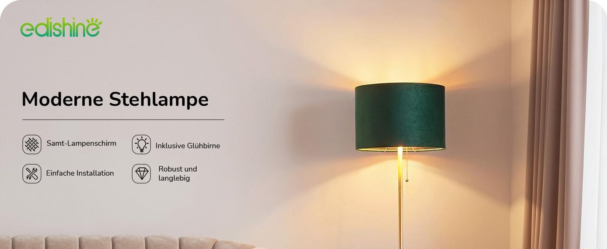 EDISHINE Stehlampe Wohnzimmer, Vintage Stehleuchte mit grünem Samt-Lampenschirm & goldenem Metallgestell, für Schlafzimmer Büro, 145cm