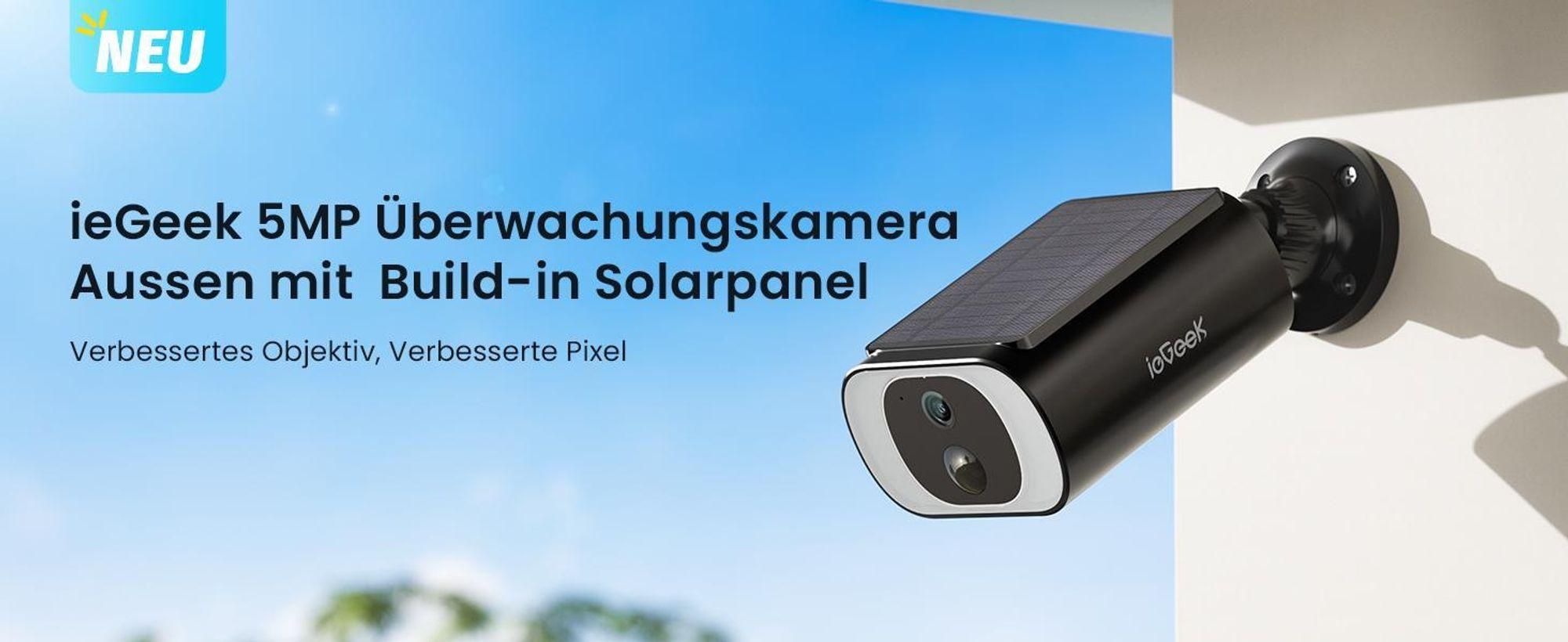 ieGeek 5MP HD Überwachungskamera Aussen Akku mit Solarpanel, Aussen Solar IP Kamera mit Spotlight, PIR-Bewegungserkennung, 2,4GHz WLAN