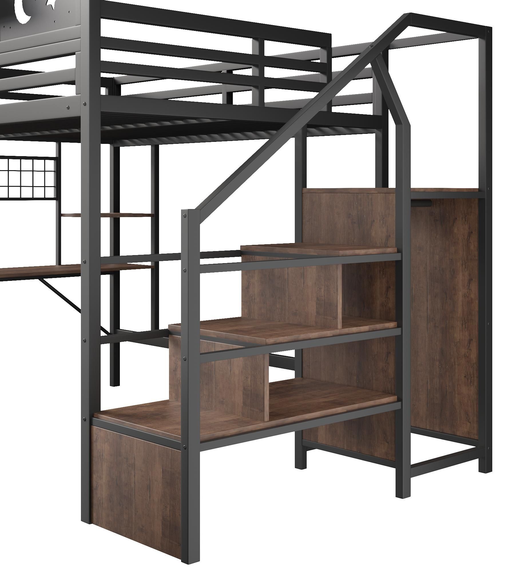 Flieks Etagenbett 140x200cm mit USB, Hochbett mit Led, Kinderbett Jugendbett mit Schreibtisch und Lochwand, Stockbett Metallbett mit Treppe, Schwarz