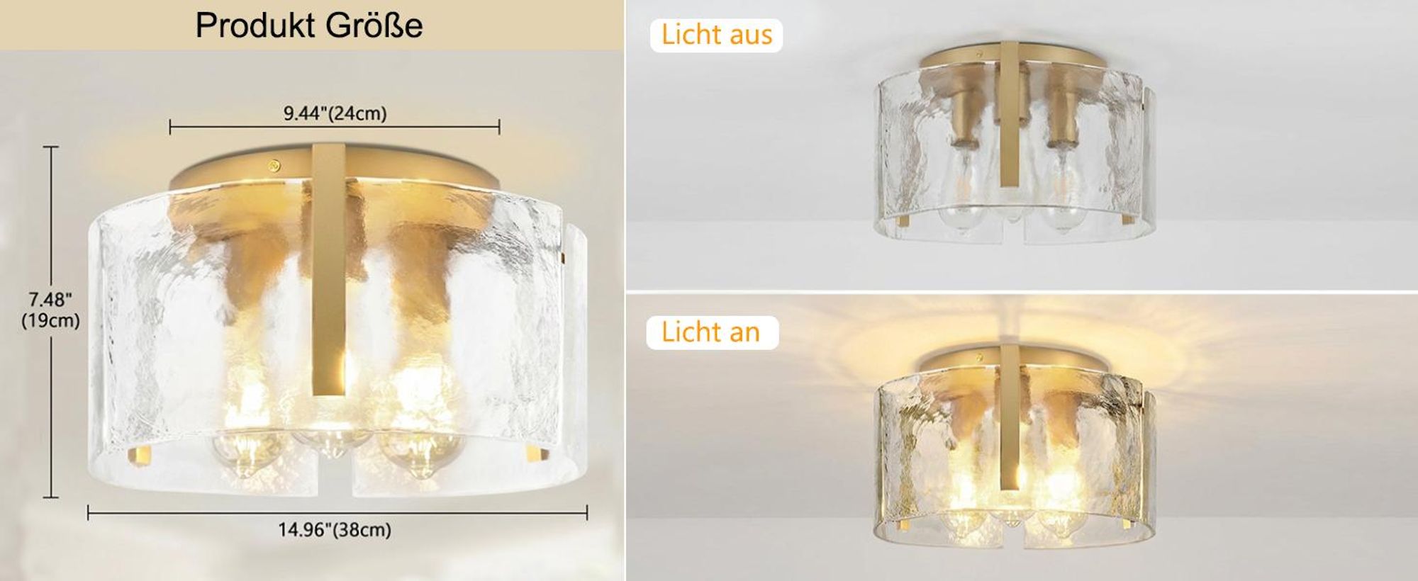 Deckenleuchte Moderne Golden Deckenlampe mit Glasschirm E27 3-Flammige Kronleuchter für Wohnzimmer, Flur, Esszimmer