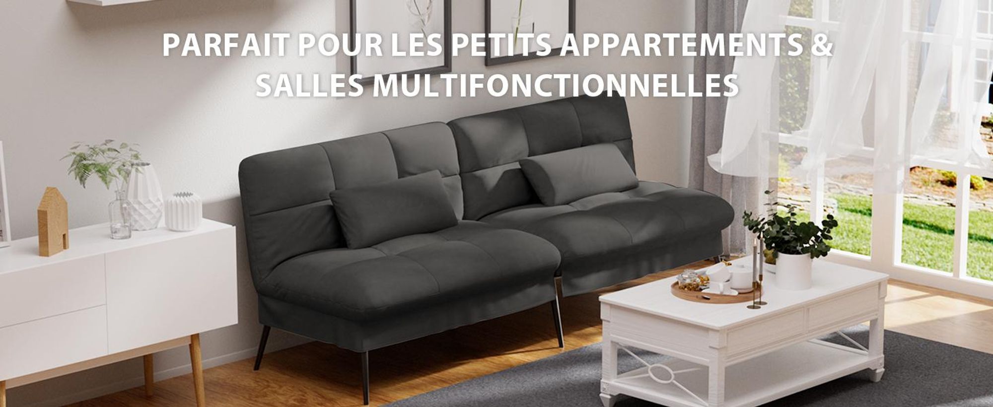 COMHOMA Canapé convertible avec fonction sommeil, housse Futon Canapé pliant, canapé-lit, canapé d'angle, canapé-lit d'appoint, canapé 3 places, avec dossier réglable en tissu, noir