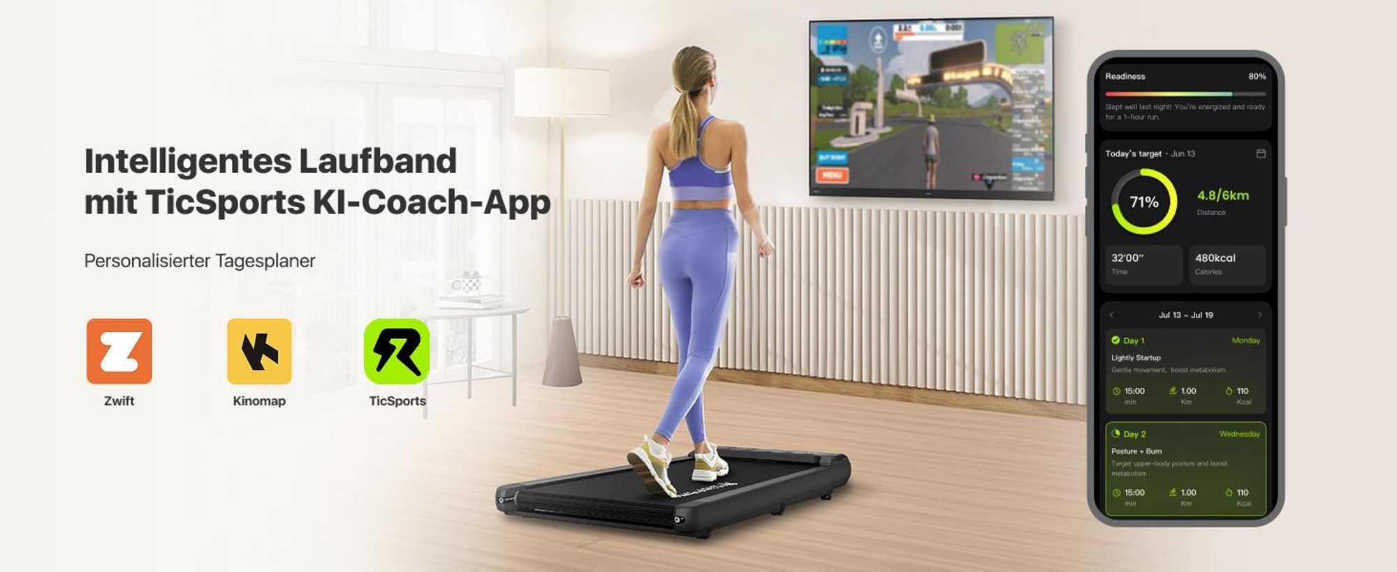Mobvoi Walking Pad Smart KI Untertisch-Laufband, tragbares 2-in-1 Laufband für Zuhause & Büro, Gehen & Joggen, TicSports Zwift Kinomap, 120kg 6km/h
