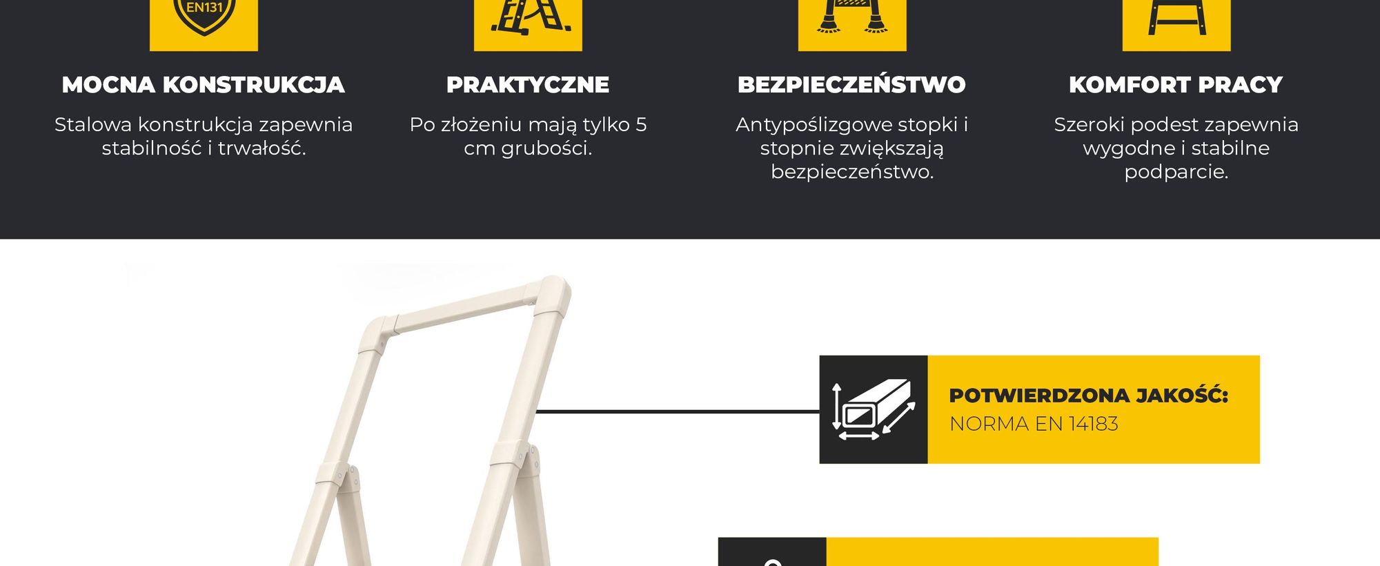 Drabest | Schodki pomocnicze "Slim" - 3 stopnie - Składane - Maks. obciążenie: 150 kg - Kolor: kremowy