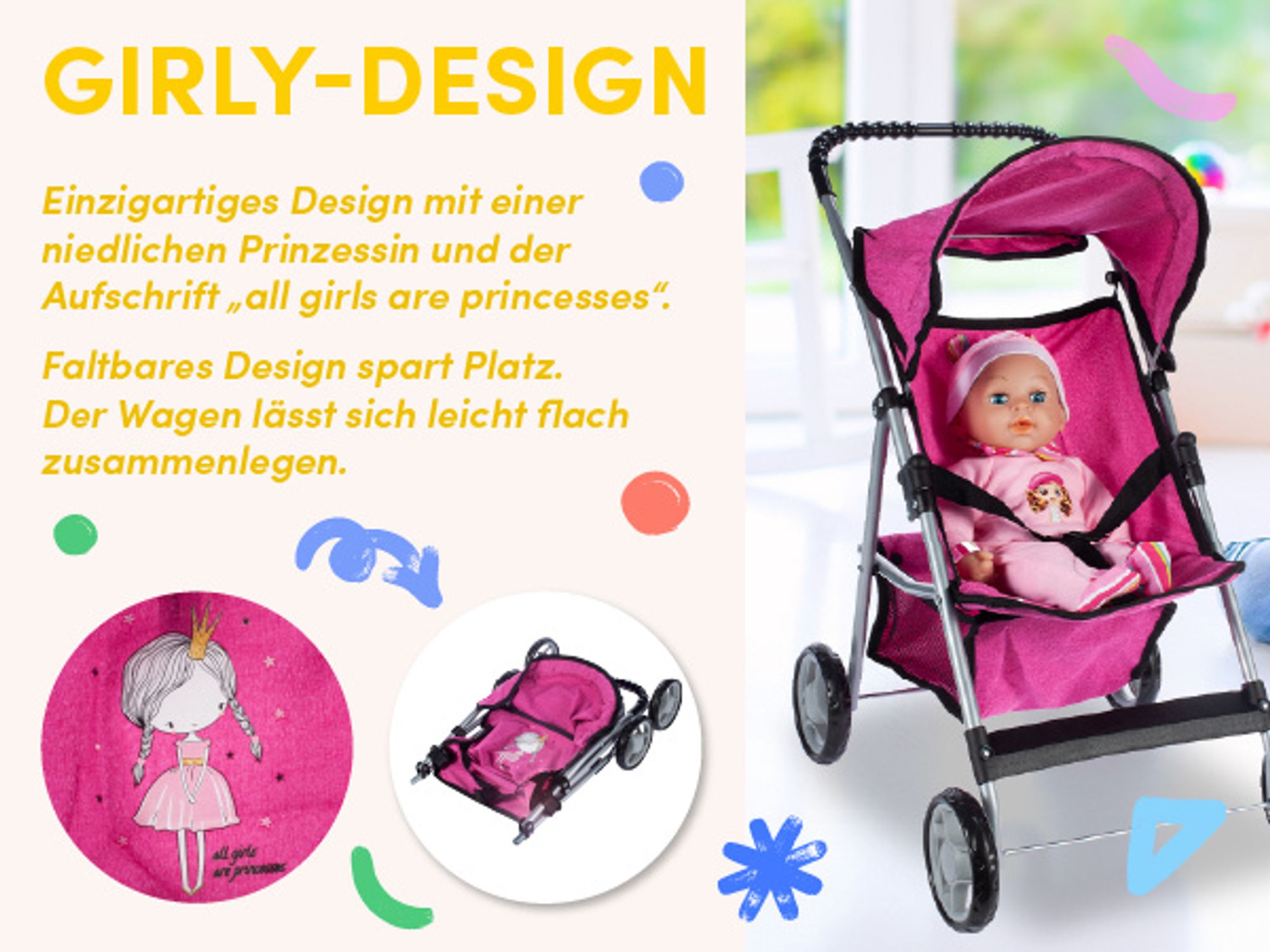 Puppenwagen mit klappbarem Verdeck in rosa