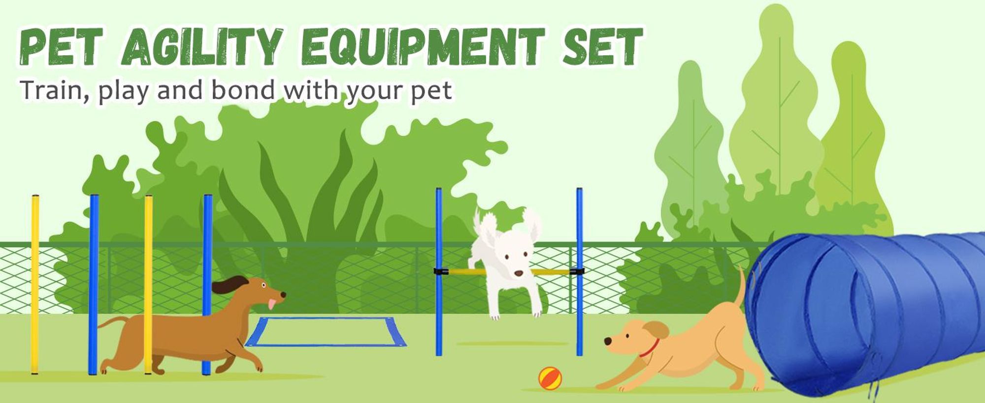PawHut Agility Set Dogs 5-częściowy sprzęt do agility do szkolenia psów Wtykowy zestaw płotków z tunelem dla psów 4 drążki do slalomu Regulowana wysokość płotków Skrzynka na przerwy Torba transportowa Zestaw agility do gier Trening