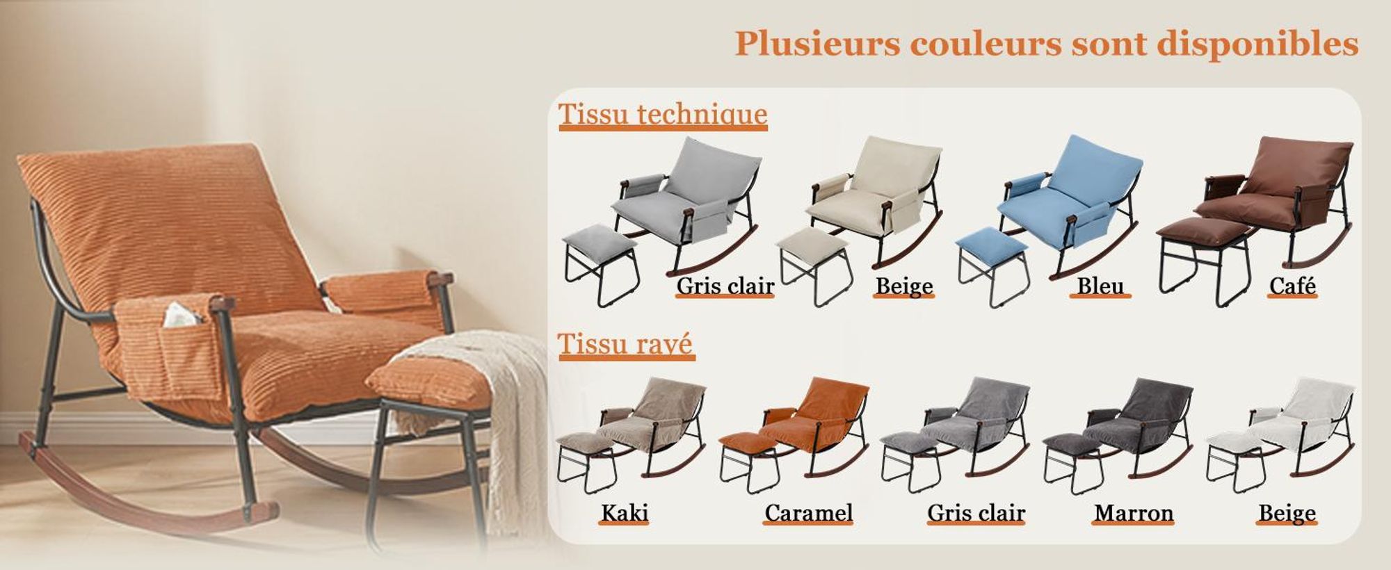 Fauteuil à bascule d’allaitement avec repose-pieds, poche latérale, accoudoirs et bases en bois, rocking chair pour salon, chambre, balcon, chambre bé