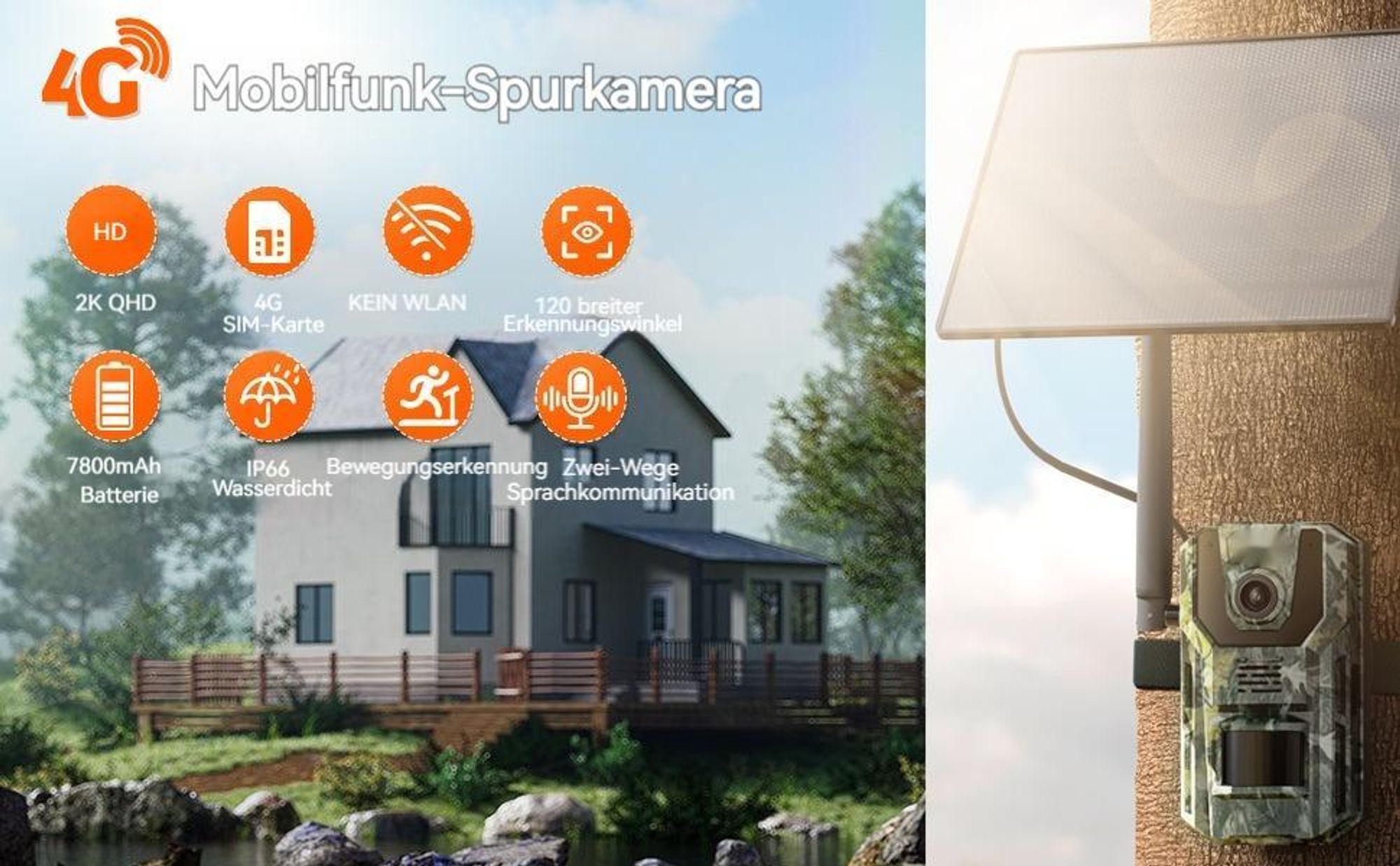Usogood 4G LTE Wildkamera mit Handyübertragung App & Bewegungsmelder, 2K Solar Überwachungskamera Aussen mit SIM Karte, Nachtsicht, GPS