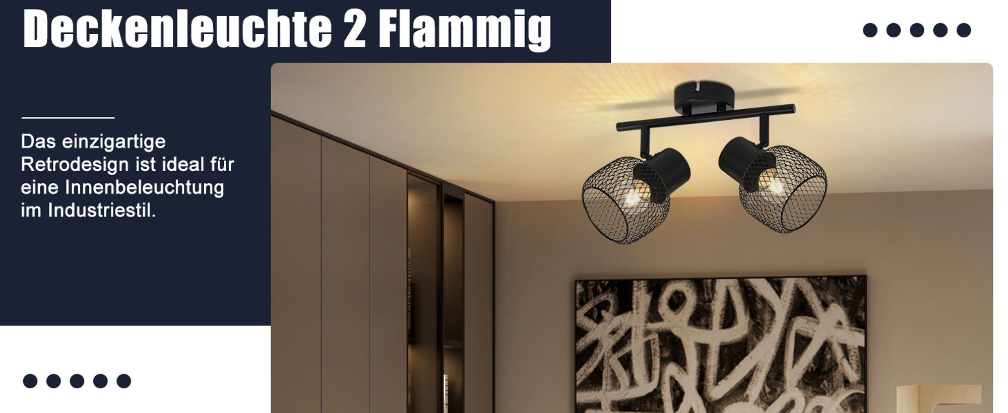 ZMH Deckenleuchte Schwarz Metall 2 Flammig Vintage E27 Deckenstrahler  Deckenlampe  Drehbar 330° Strahler Innen für Flur Wohnzimmer Schlafzimmer Küche