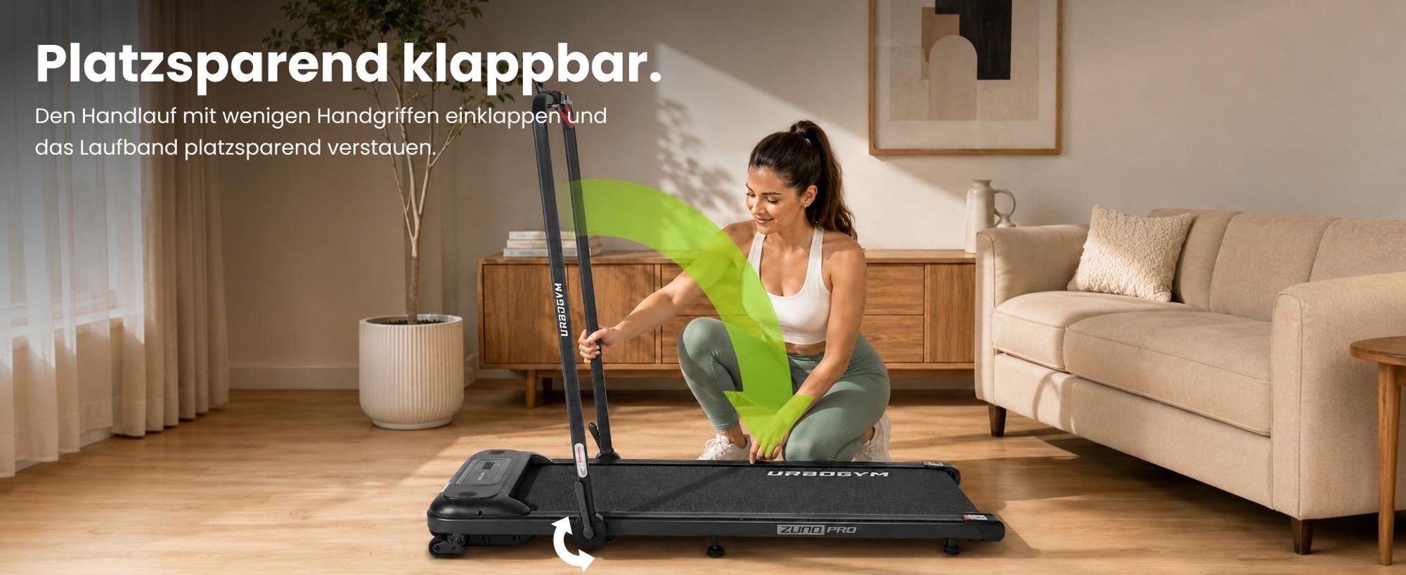 URBOGYM ZUNO PRO Laufband 2in1 Walking Pad klappbar bis 10 km/h, 120 kg, 12 Trainingsprogramme, 2 Steigungsstufen, Bluetooth, LED-Display